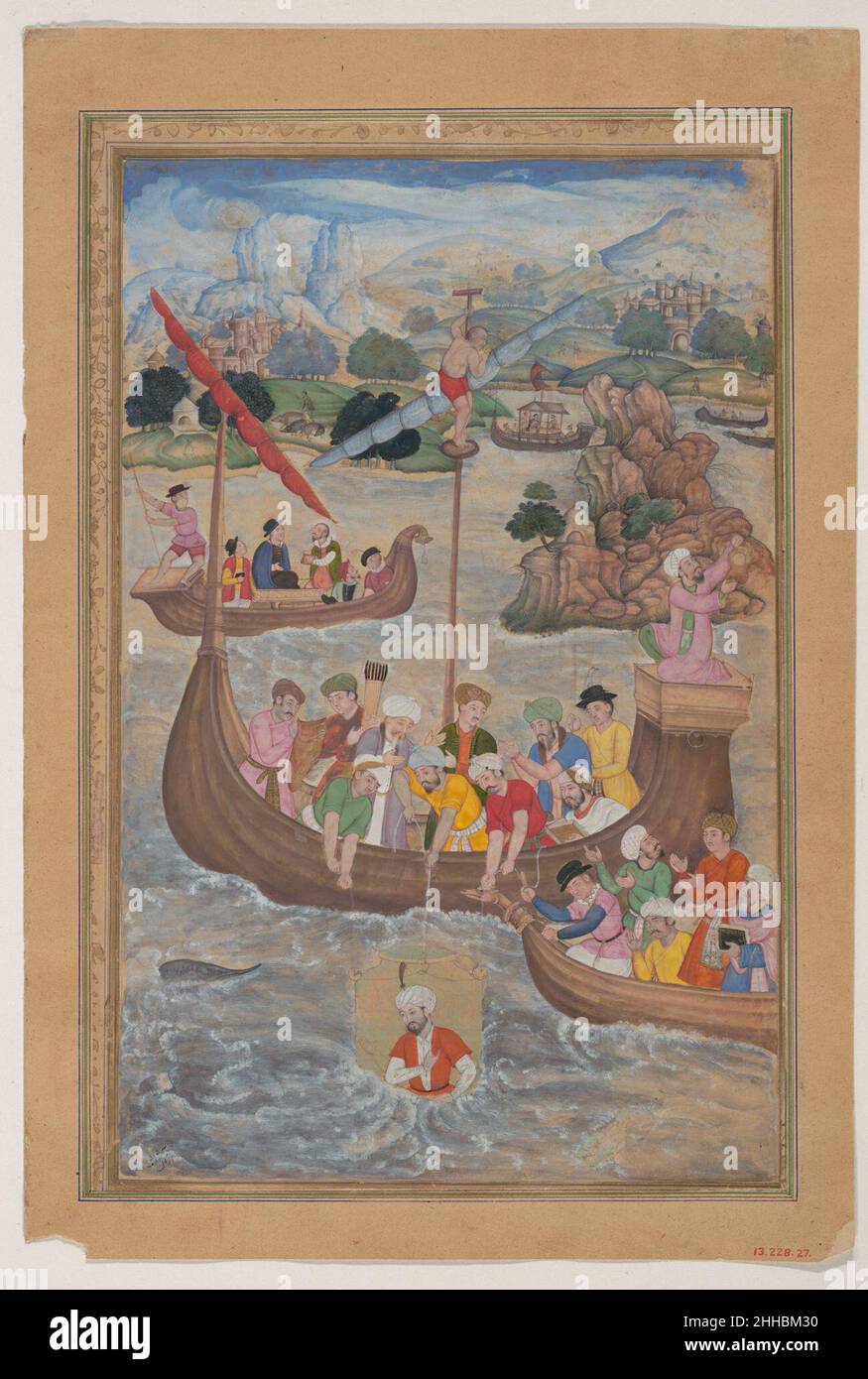 "Alexandre est abaissé dans la mer", Folio d'un Khamsa (Quintette) d'Amir Khusrau Dihlavi 1597–98 Amir Khusrau Dihlavi la Khamsa du poète indien Amir Khusrau comprend une section sur le philosophe-roi Alexandre le Grand, qui dans la narration de Khusrau de sa vie a mené à des expéditions en Chine, en Russie,Et les îles occidentales.Dans cette copie de la Khamsa faite pour l'empereur Mughal Akbar (r.1556–1605), Alexandre est abaissé dans la mer dans une cloche de plongée en verre.Sous l'eau, il recevra la visite d'un ange qui annonce sa mort.'Alexandre est abaissé dans la mer', Folio de A. Banque D'Images