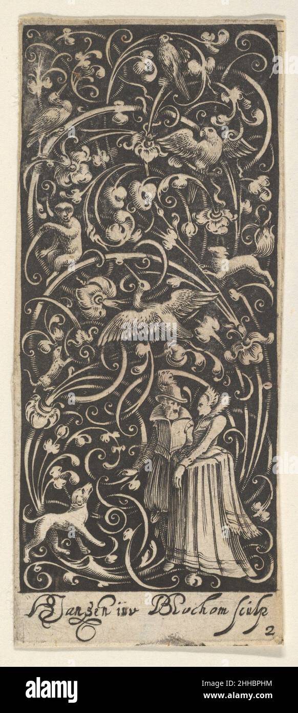 Panneau vertical avec un homme et une femme ca.1631 Hans Janssen Dutch ce dessin pour un panneau vertical. Rempli de branches de méandres et de scrollwork végétal rappelle les gravures de la fin du XVe siècle par Martin Schongauer et Israël von Meckenem.Plusieurs oiseaux et autres animaux sont intercalés entre les scrollwork.La moitié inférieure du dessin montre un homme et une femme qui se promènent, accompagnés d'un chien.La taille de l'impression et sa technique indiquent qu'il s'agit d'une décoration pour une petite surface métallique rectangulaire, comme le couvercle d'une boîte par exemple.Le fait que Hans Jansen est principalement kn Banque D'Images