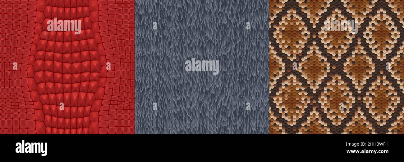 Peau d'animal et fourrure textures sans couture pour le jeu.Réaliste 3D vecteur répétitions de serpent, crocodile et ours ou de laine et de cuir de loup.Décors textiles de peaux naturelles ou artificielles Illustration de Vecteur