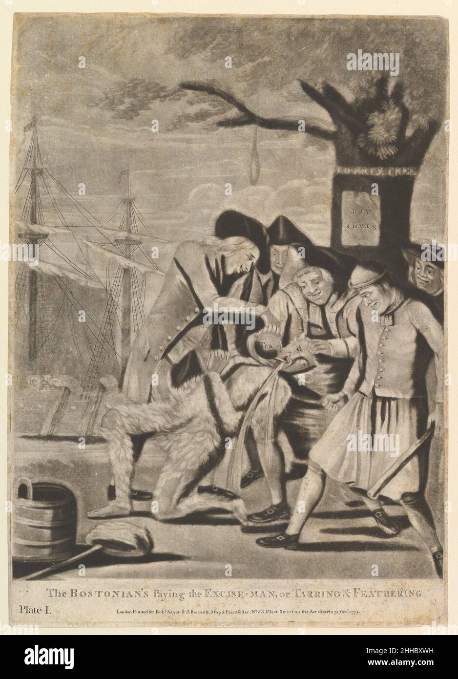 Les Bostoniens payant l'homme d'accise, ou tarring & feeing 31 octobre 1774 attribué à Philip Dawe British ce satire pré-américain de la révolution publié à Londres montre John Malcolm, agent des douanes britanniques au Massachusetts, tarré, feed, et forcé de boire du thé.L'événement du 24 janvier 1774 s'est produit peu après le Boston Tea Party du 16 décembre 1773, où les colons ont fait un fameux dumping de thé importé dans le port pour protester contre une taxe prélevée par le Parlement britannique.Il s'agit de la représentation la plus ancienne connue de l'événement ultérieur avec de forts contrastes tonaux et de larges détails produits par un WO Banque D'Images