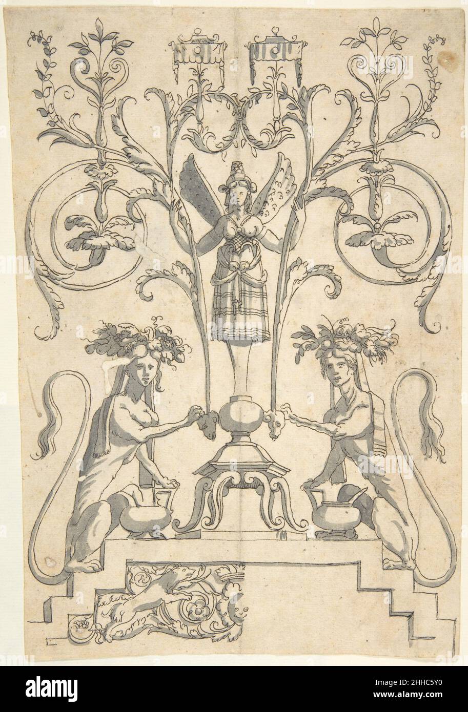 Candelabra grotesque avec un terme femelle ailé sur un piédestal 1540 après Anonyme, Italien, 16th siècle Italien Candelabra grotesque, copié après un imprimé publié par Cornelis Bos vers 1540.La conception est caractérisée par un piédestal avec des escaliers de chaque côté, sur lequel un terme femelle à ailes a été placé.Elle tient sur acanthus défile qui serpente vers la gauche et la droite de la page.Le terme est encadré par des sphinx avec des couronnes de fruits sur leur tête.Outre la décoration du piédestal, l'impression a été entièrement copiée.Candelabra grotesque avec un terme femelle ailé Banque D'Images