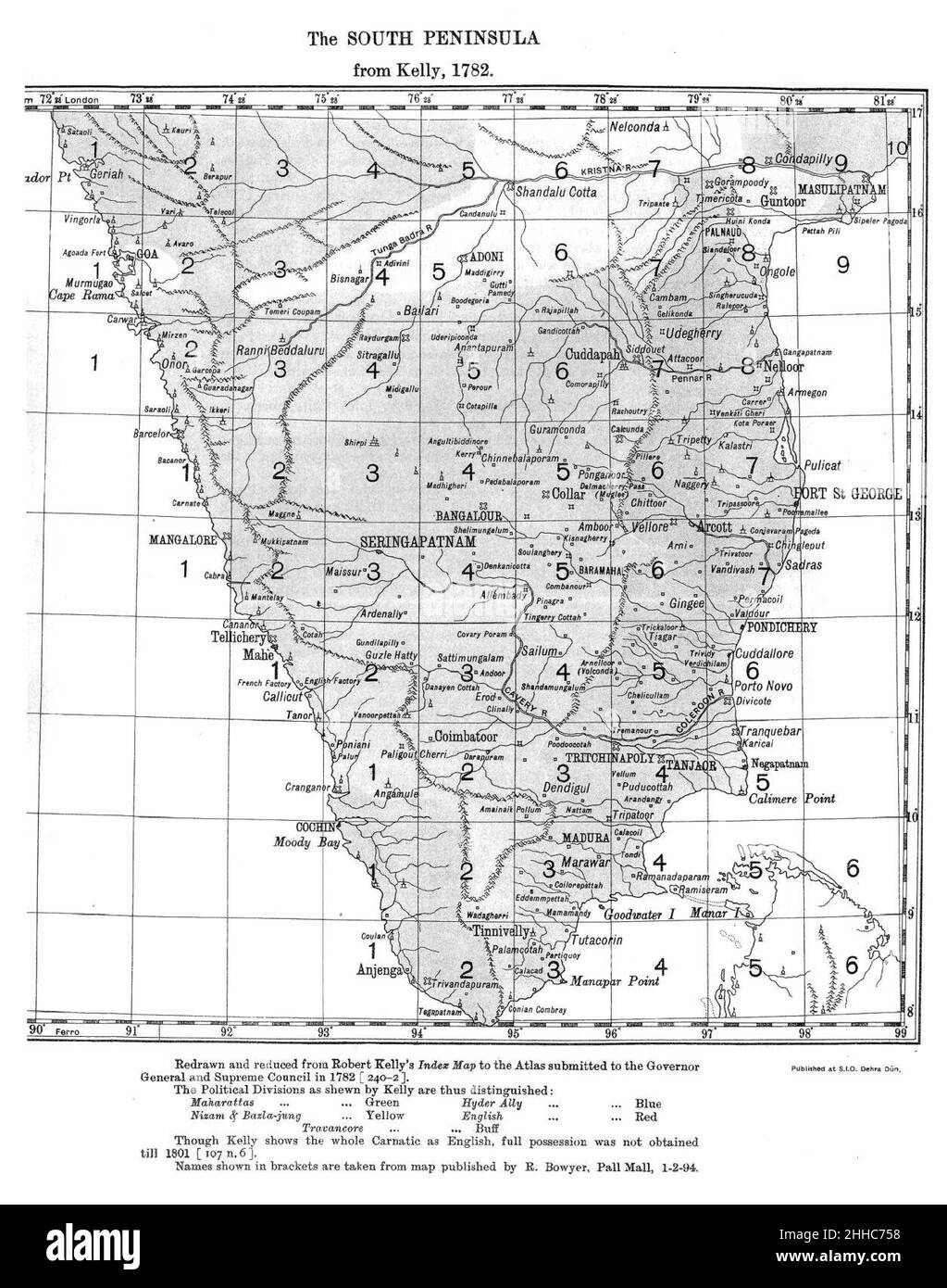 Carte de l'Inde du Sud 1782. Banque D'Images