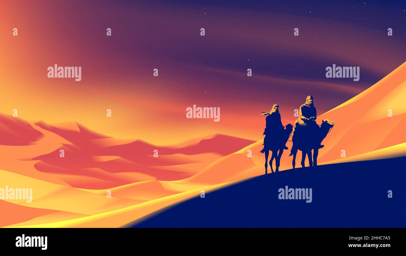 Le vecteur du désert, illustration d'un nomade, traverse un désert avec une vibe de coucher de soleil. Illustration de Vecteur