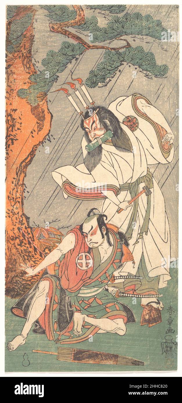 Kabuki acteurs Ichimura Uzaemon IX comme Ko-kakeyama et Ōtani Hiroji III comme Kōga Saburō ca.1771 Katsukawa Shunshō 勝川春章 Japonais dans la pièce branches d'un arbre en pot à fleurs (Konohana Yotsugi no Hachinoki), le diable Ko-kakeyama (l'esprit méchant de Wakasa no Zenji Yasumura)tient un rouleau dans sa bouche et un marteau dans sa main et porte une couronne de trois bougies flamboyantes sur sa tête.À l'heure du boeuf (deux à quatre le matin), une nuit de pluie, il exécute l'incantation connue sous le nom d'ushi no toki mairi, en conduisant trois ongles dans le tronc d'un arbre et en énonciation d'une malédiction sur l'objet de son ha Banque D'Images