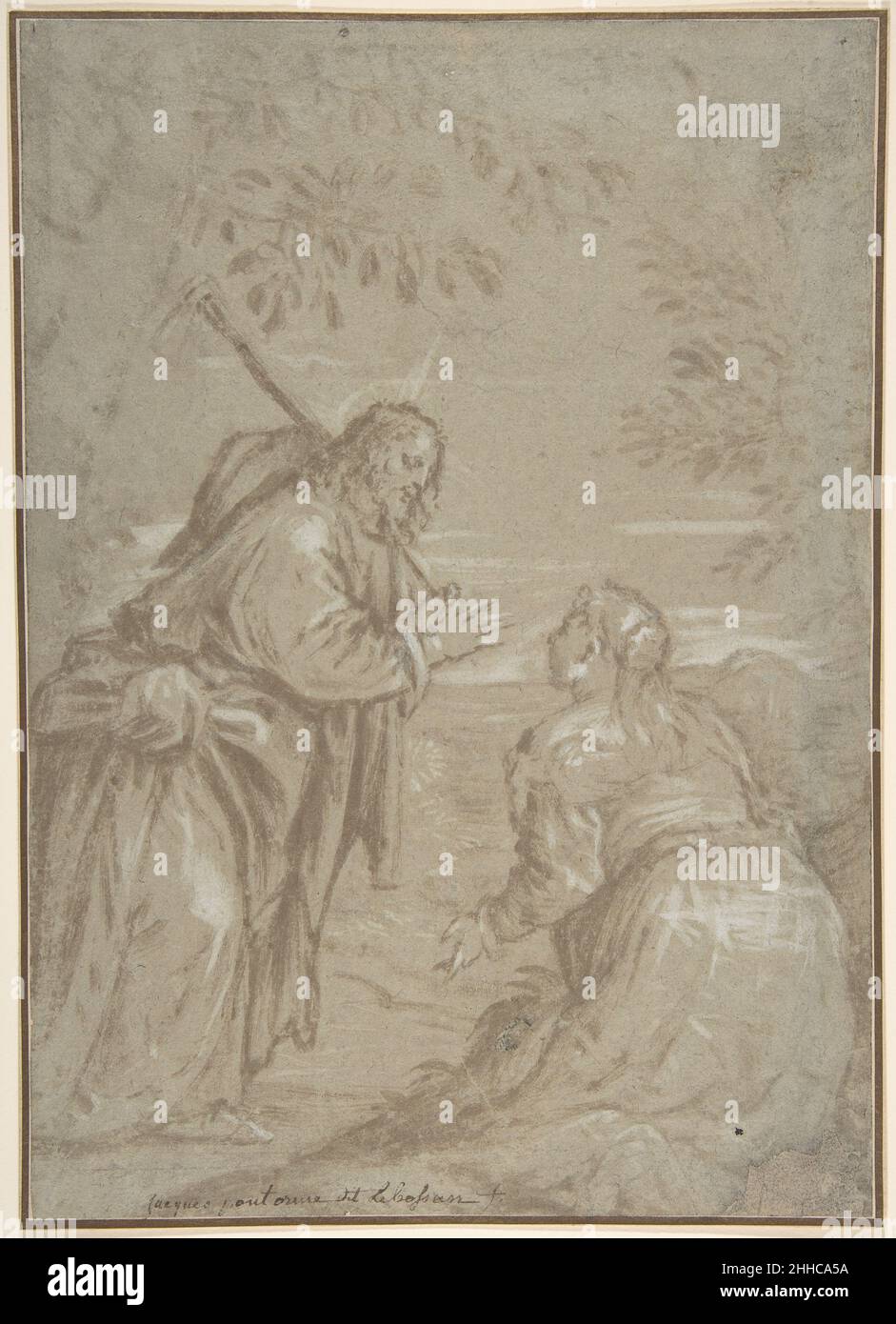 Christ apparaissant à Sainte Marie-Madeleine ('Noli me Tangere') ca.1560 attribué à Jacopo Bassano (Jacopo da Ponte) Italien dans cette composition expressivement picturale de la 'Noli me tangere' (Jean 20:14-18), fait rapidement avec la brosse et le lavage brun avec des reflets de gouache blanc, le Christ ressuscité, sous l'apparence d'un jardinier,Se tient à gauche avant la pétrir Sainte Marie-Madeleine, à droite, qui est vue de derrière.La présente feuille, acquise en 2008, marque un nouvel ajout à l'oeuvre de Jacopo Bassano, qui est surtout connue pour ses dessins pastel novateurs.Vers 1561, le m de Jacopo Bassano Banque D'Images