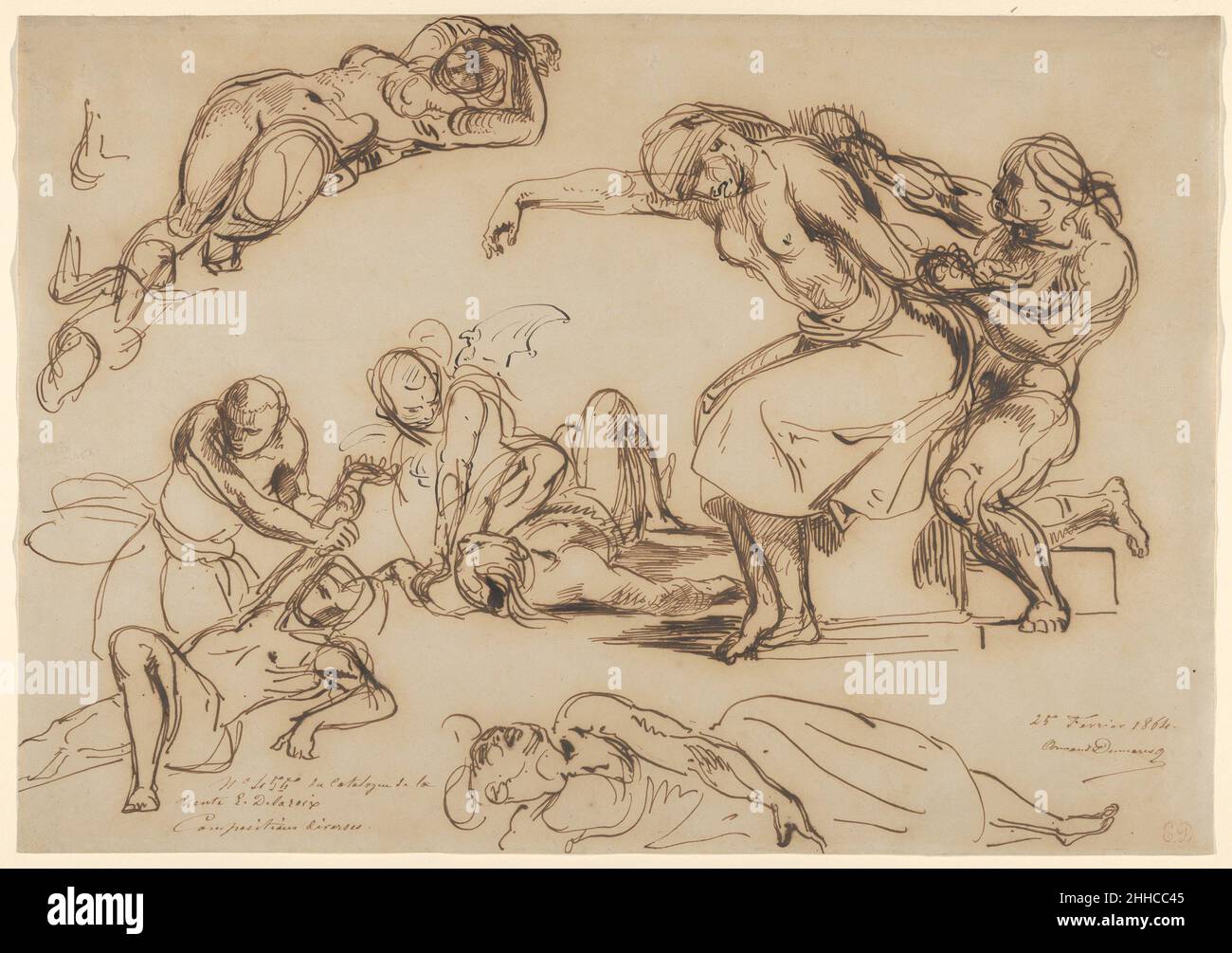 Figure Etudes pour le salon du Roi, Palais Bourbon 1833–35 Eugène Delacroix Français pour la première commission d’Etat de Delacroix pour un grand projet décoratif, un programme mural pour le salon du Roi au Palais Bourbon (siège de l’Assemblée nationale française) à Paris,Il a élaboré un plan basé sur quatre "forces de vie" de l'État: La justice, l'agriculture, l'industrie et la guerre.La génération d'idées pour remplir l'espace a nécessité un dessin prolifique.Sur cette feuille, l'artiste a inventé avec des traits de plume fluides des figures empêtrées dans le combat, plein de couple et d'énergie, comme des personnifications potentielles de la guerre.Figure Etudes pour le Banque D'Images