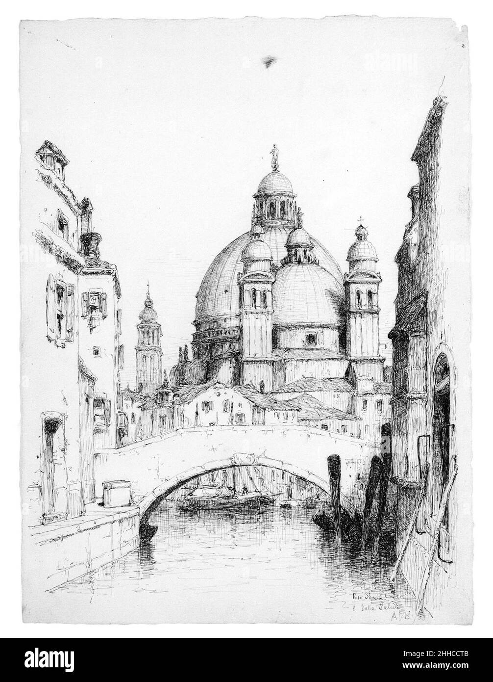 Rio Santa Croce e Santa Maria della Salute, Venise 1883 Andrew Fisher Bunner.Rio Santa Croce e Santa Maria della Salute, Venise.Andrew Fisher Bunner (1841-1897).Américain.1883. Traces d'encre noire et de graphite sur papier vélin blanc cassé Banque D'Images