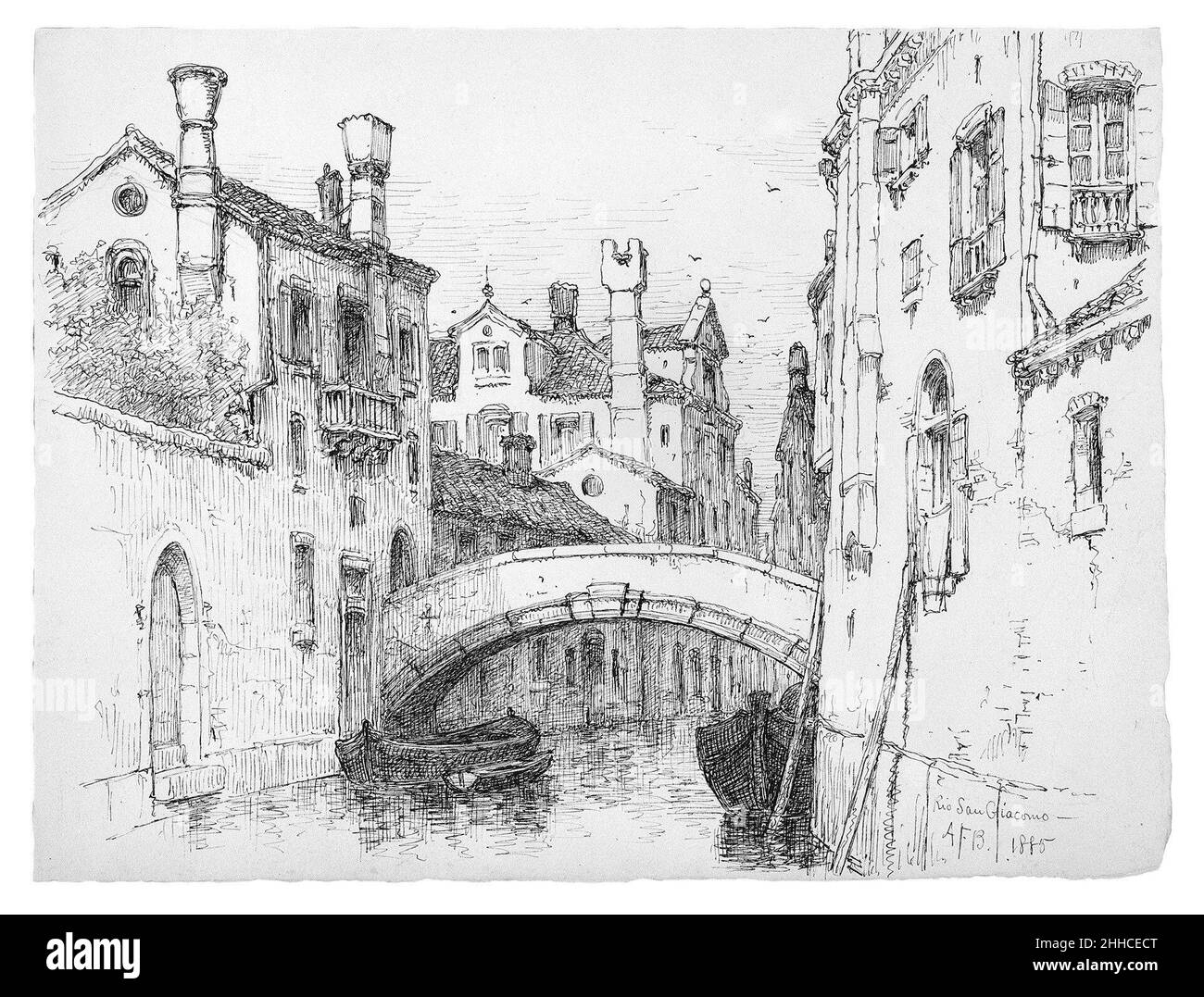 Rio San Giacomo, Venise 1885 Andrew Fisher Bunner.Rio San Giacomo, Venise.Andrew Fisher Bunner (1841-1897).Américain.1885. Traces d'encre noire et de graphite sur papier vélin blanc cassé Banque D'Images