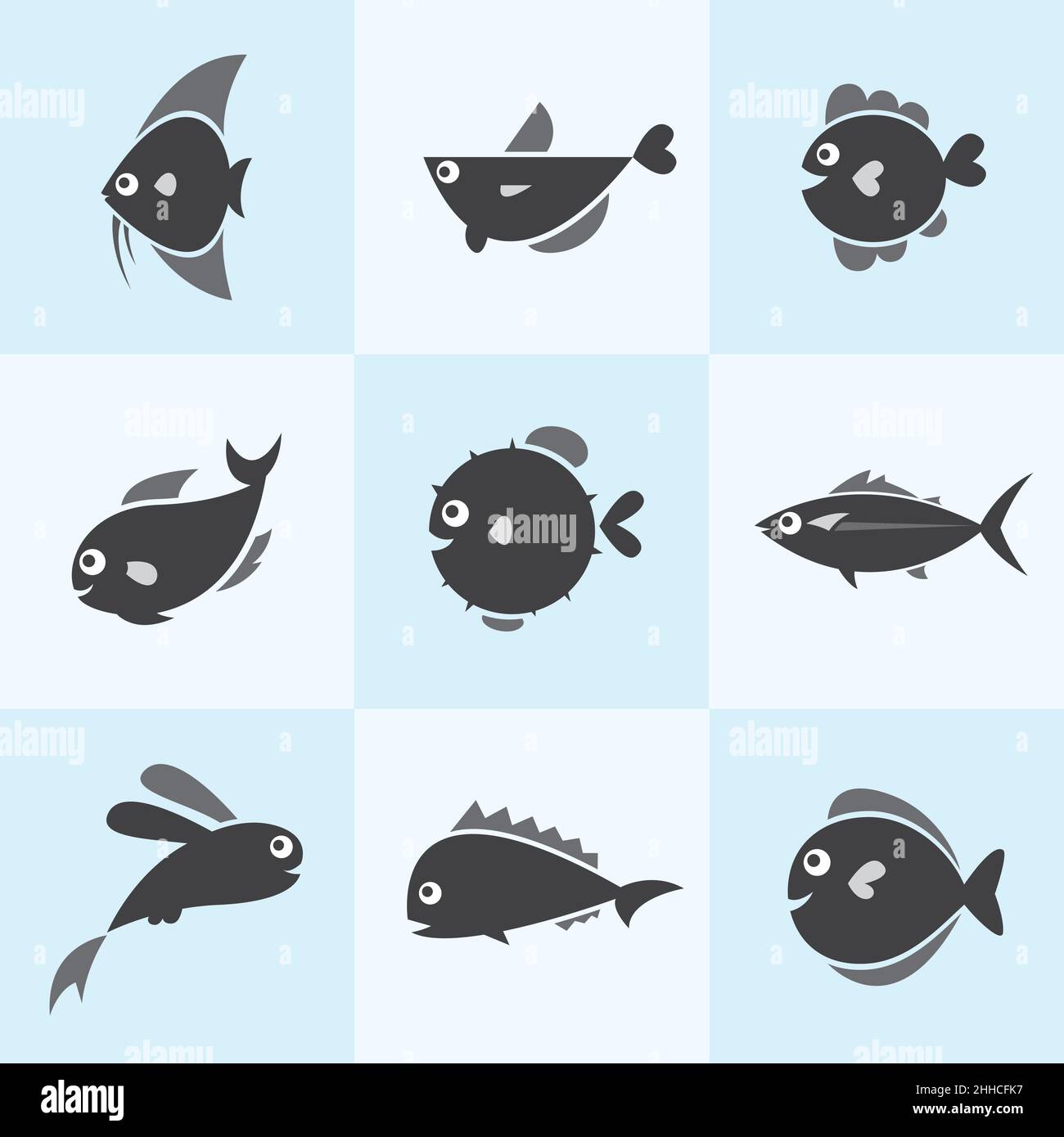 Ensemble d'icônes de poissons vectoriels sur fond bleu.Illustration ...