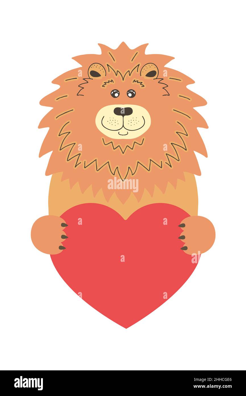 Joli lion de chat de dessin animé tenant une enseigne de coeur avec espace de copie. Mettre en place carte de vœux de Saint-Valentin bannière invitation brochure de circulaire. Dessin animé à la main style.Petits animaux animaux animaux de compagnie dans l'amour, déclaration d'amour. Illustration de Vecteur