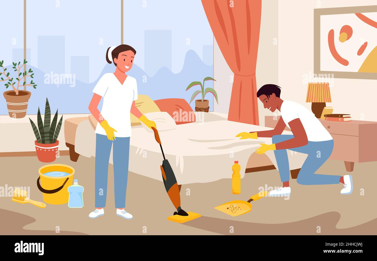 Service de nettoyage, nettoyage complexe et travaux ménagers par une équipe de travailleurs professionnels en gants Illustration de Vecteur Service de nettoyage, nettoyage complexe et travaux ménagers par une équipe de travailleurs professionnels en gants Illustration de Vecteur