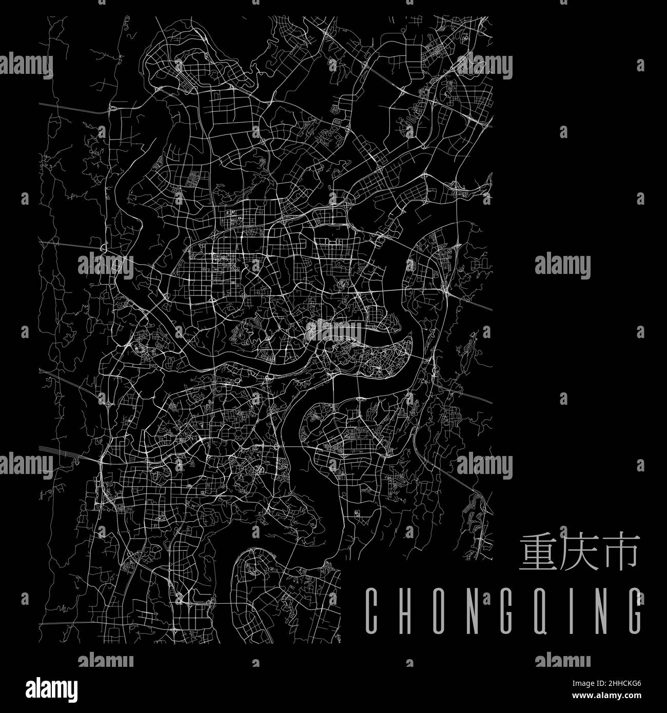 Poster de carte vectorielle de la ville de Chongqing.Carte linéaire de la municipalité de Chine, zone administrative municipale, lignes blanches sur fond noir, avec TI Illustration de Vecteur