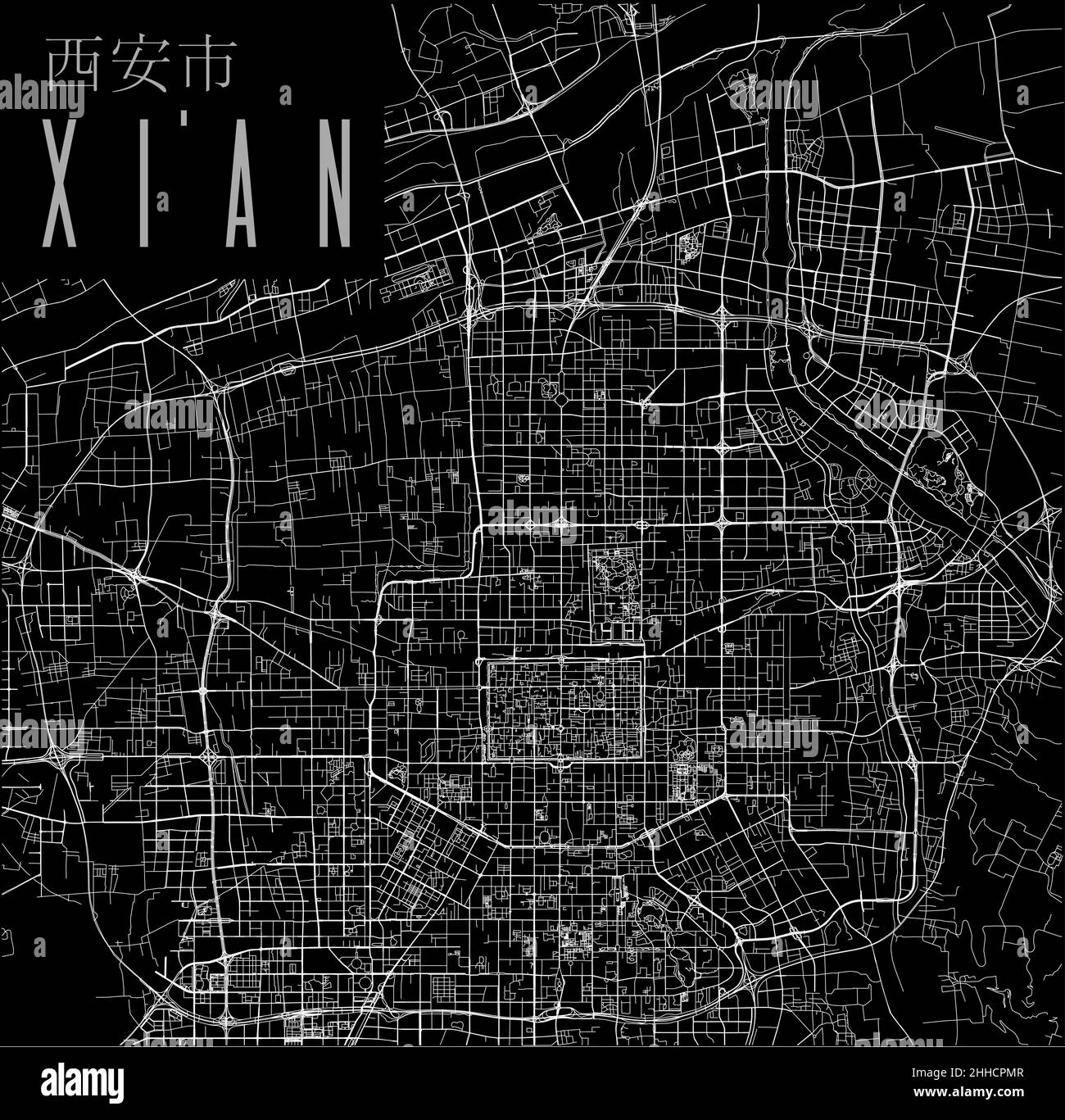 Affiche de carte vectorielle de la ville de Xi'an.Carte linéaire de la municipalité chinoise, zone administrative municipale, lignes blanches sur fond noir, avec titre. Illustration de Vecteur