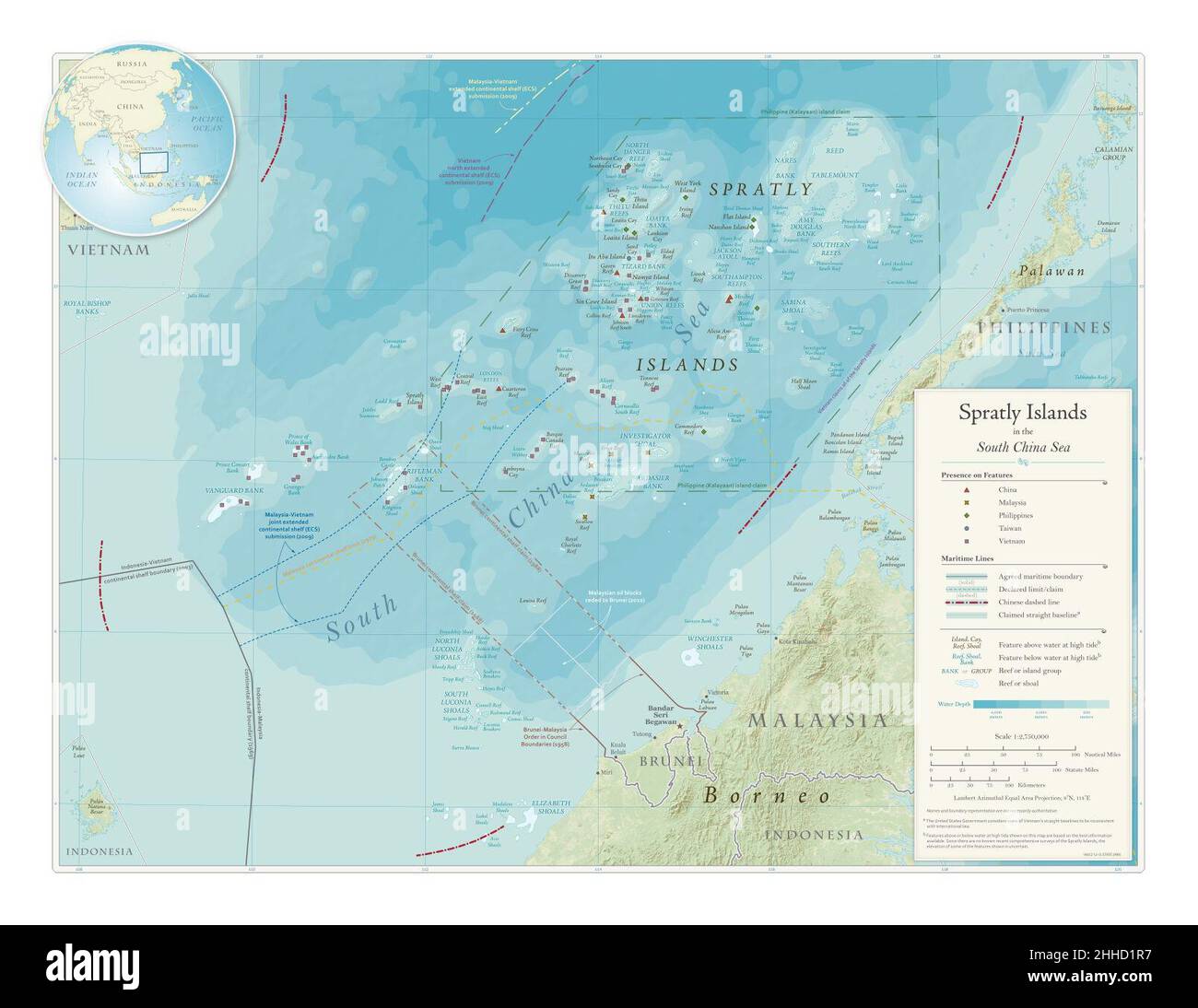 Îles Spratly dans le département d'État de la mer de Chine méridionale carte 2016587286 (2015). Banque D'Images