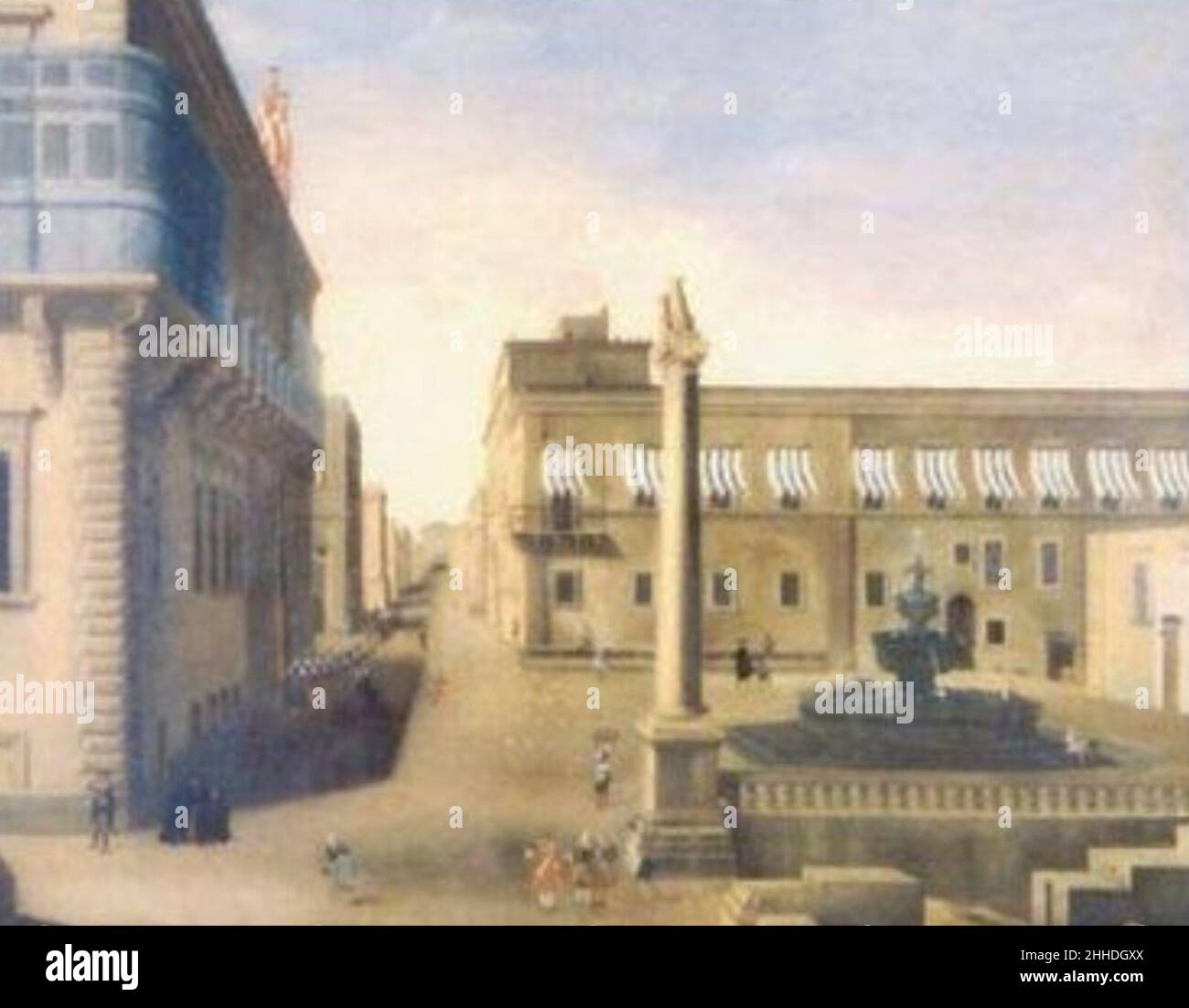 Place St George, Valletta, avec fontaine Wignacourt et colonne Verdala.peinture du 18th siècle. Banque D'Images