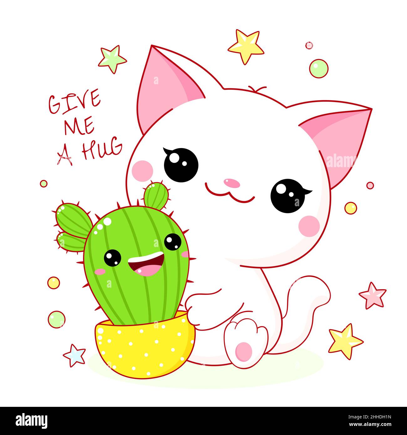 Carte mignonne style kawaii.Joli petit chat blanc avec cactus.Kitty et cactus en pot de fleur.Inscription Donnez-moi un câlin.Peut être utilisé pour le t-shirt pri Illustration de Vecteur