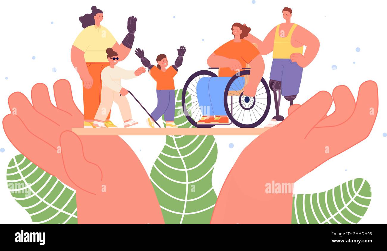 Soutien des personnes.Les mains tiennent l'homme sans la main, la jambe ou la vision, personne en fauteuil roulant.Aide et bénévolat, concept de vecteur de soins de santé Illustration de Vecteur