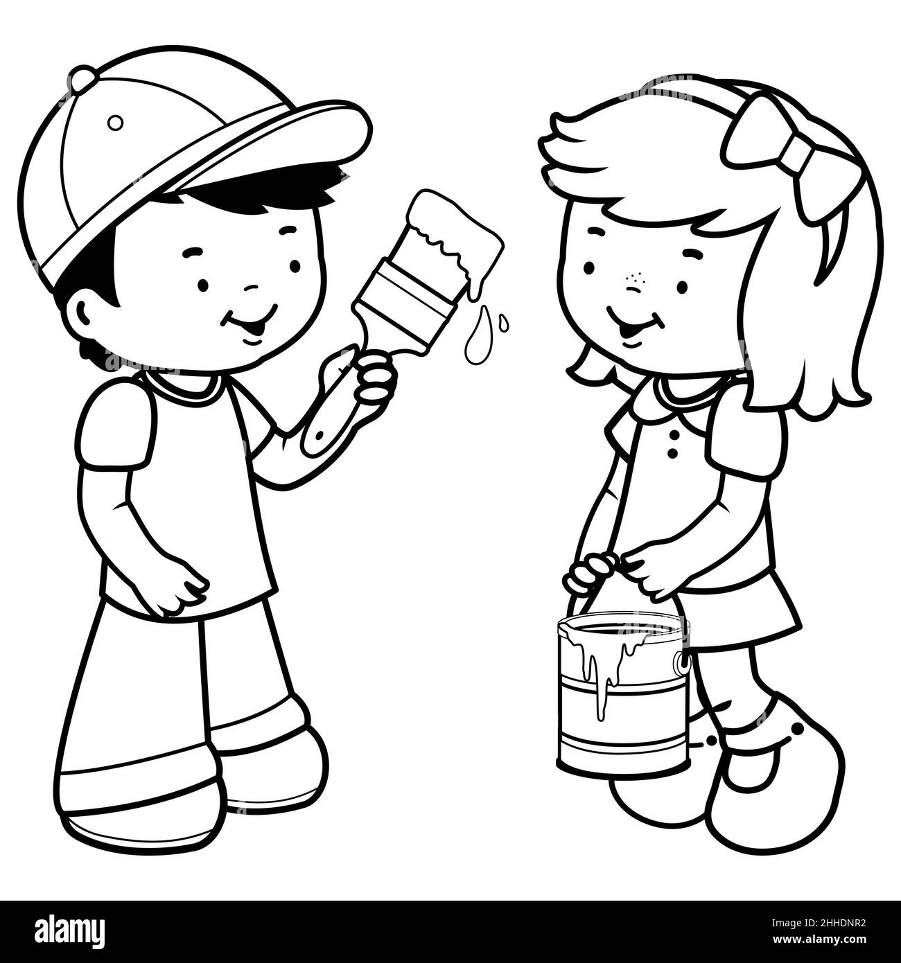 Enfants peignant avec un seau à peinture et un pinceau. Garçons et filles peintres jouent avec la boîte de peinture et le pinceau. Coloriage noir et blanc Banque D'Images
