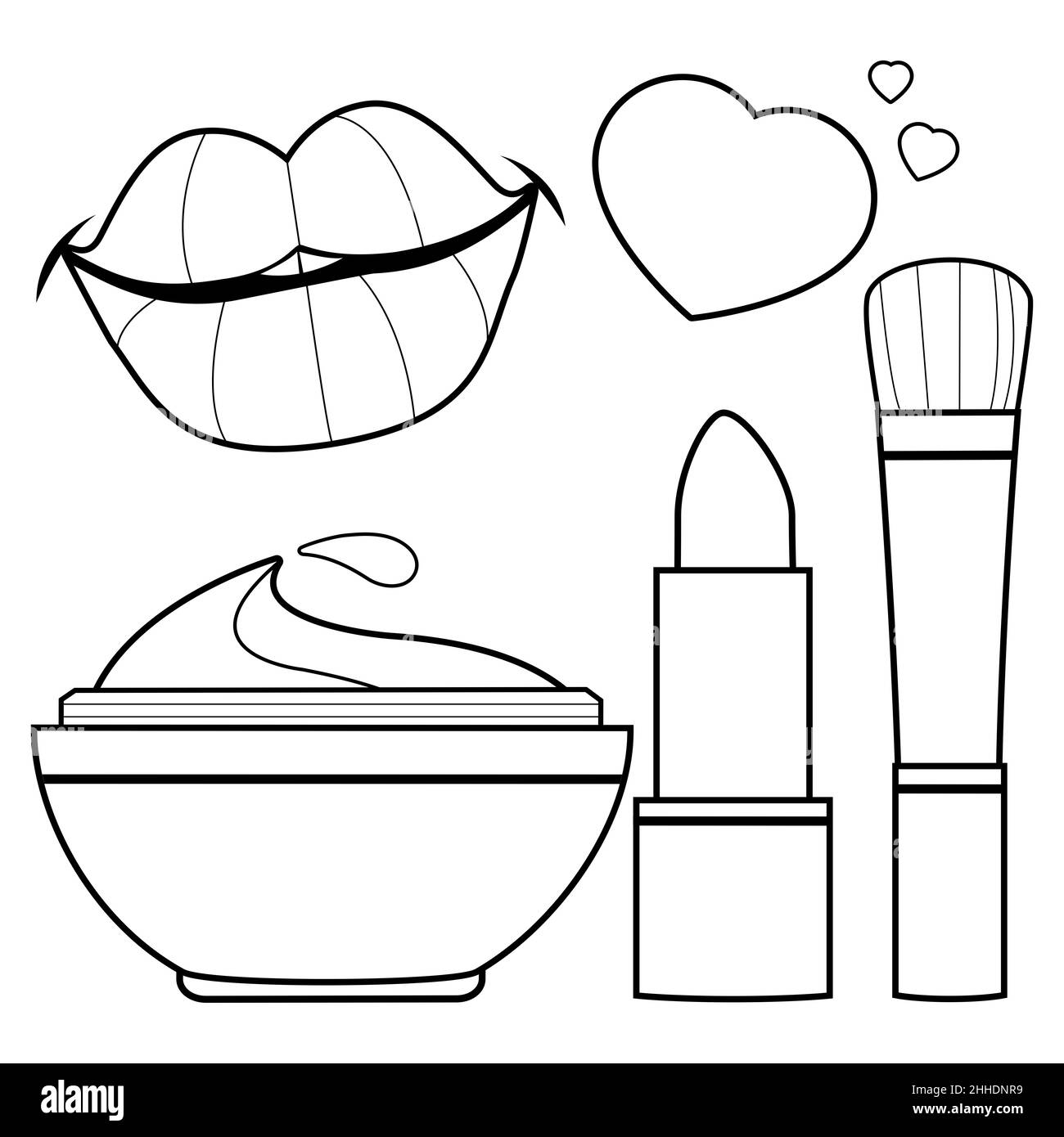 Cosmétique de beauté et set de maquillage. Rouge à lèvres, pinceau à blush et contenant de crème hydratante. Page de coloriage noir et blanc vectoriel Banque D'Images