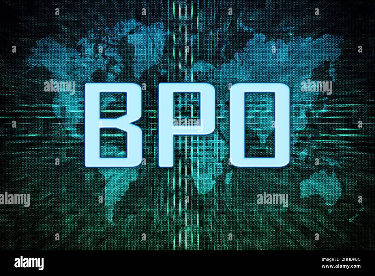 BPO - Business Process Outsourcing - concept de texte sur fond vert de carte du monde numérique. Banque D'Images