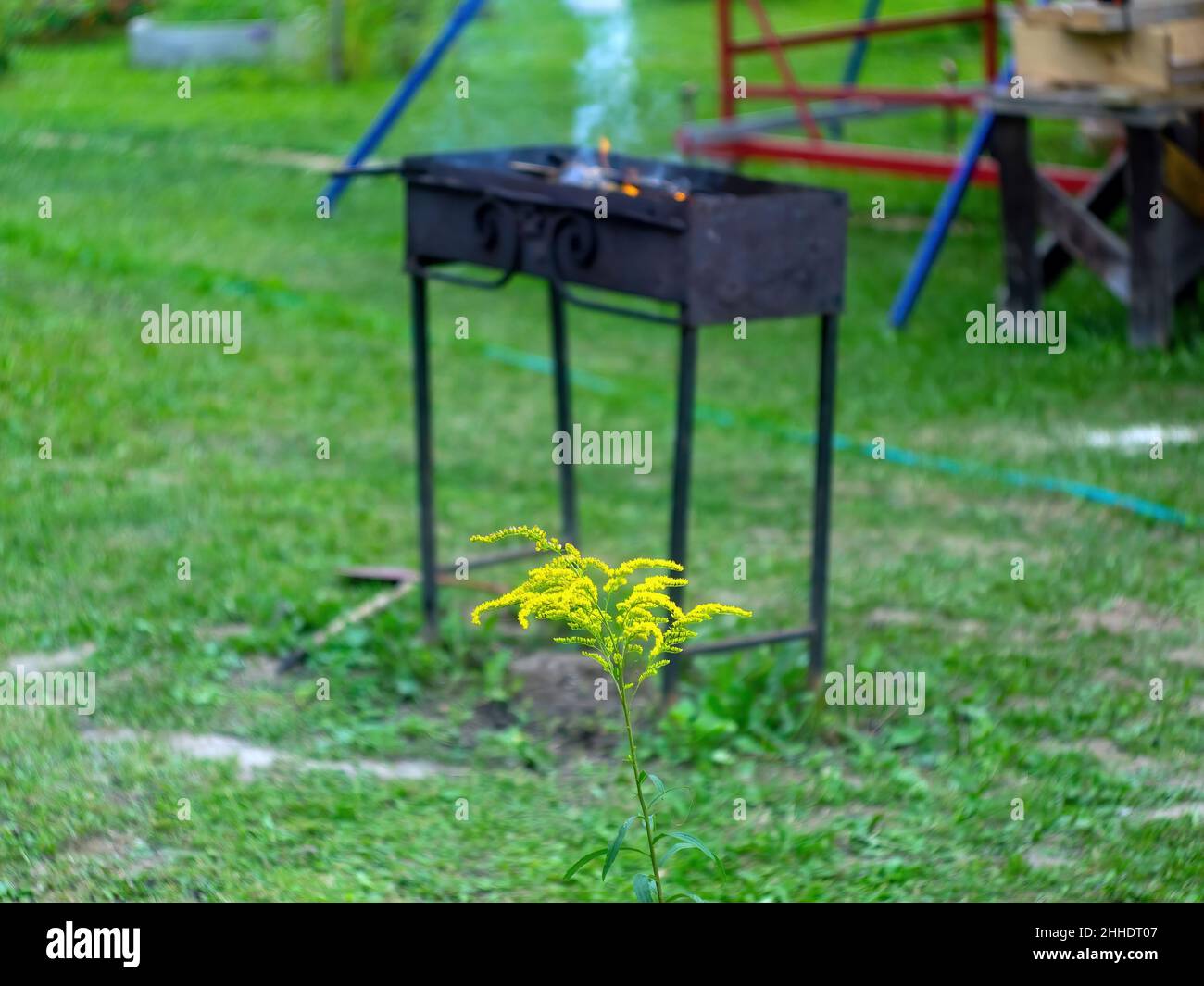 la fumée vient du barbecue dans le village, en automne Banque D'Images