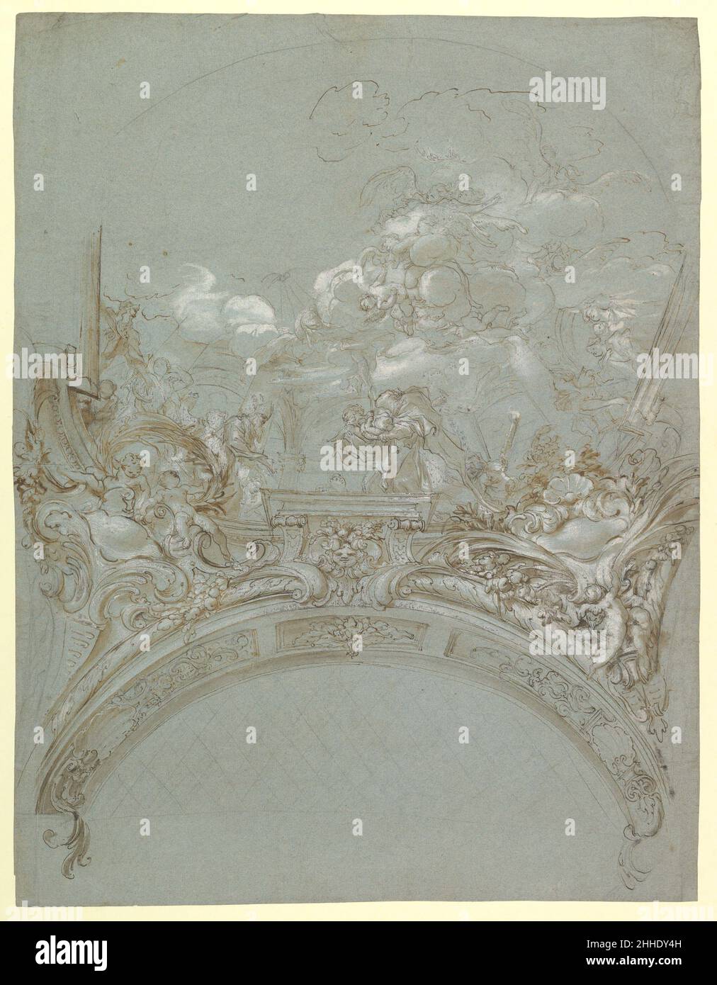 Design de plafond avec la présentation au Temple 1647–1726 Gregorio de' Ferrari Italien la virtuosité de Gregorio de Ferrari en tant que concepteur de peintures illusionnistes en plein air peut être appréciée avec une immédiateté particulière dans ses nombreux dessins de composition existants.Leur maîtrise de la perspective et de l'architecture a été particulièrement admirée par ses contemporains (voir Soprani-Ratti 1768-69, vol. 2, p. 115).Comme dans le dessin actuel, l'artiste a souvent projeté ses récits de figuration dans une perspective raide de 'otto in su' (vue d'en dessous), les encadrant avec de délicieux détails architecturaux fictifs.Marie Banque D'Images