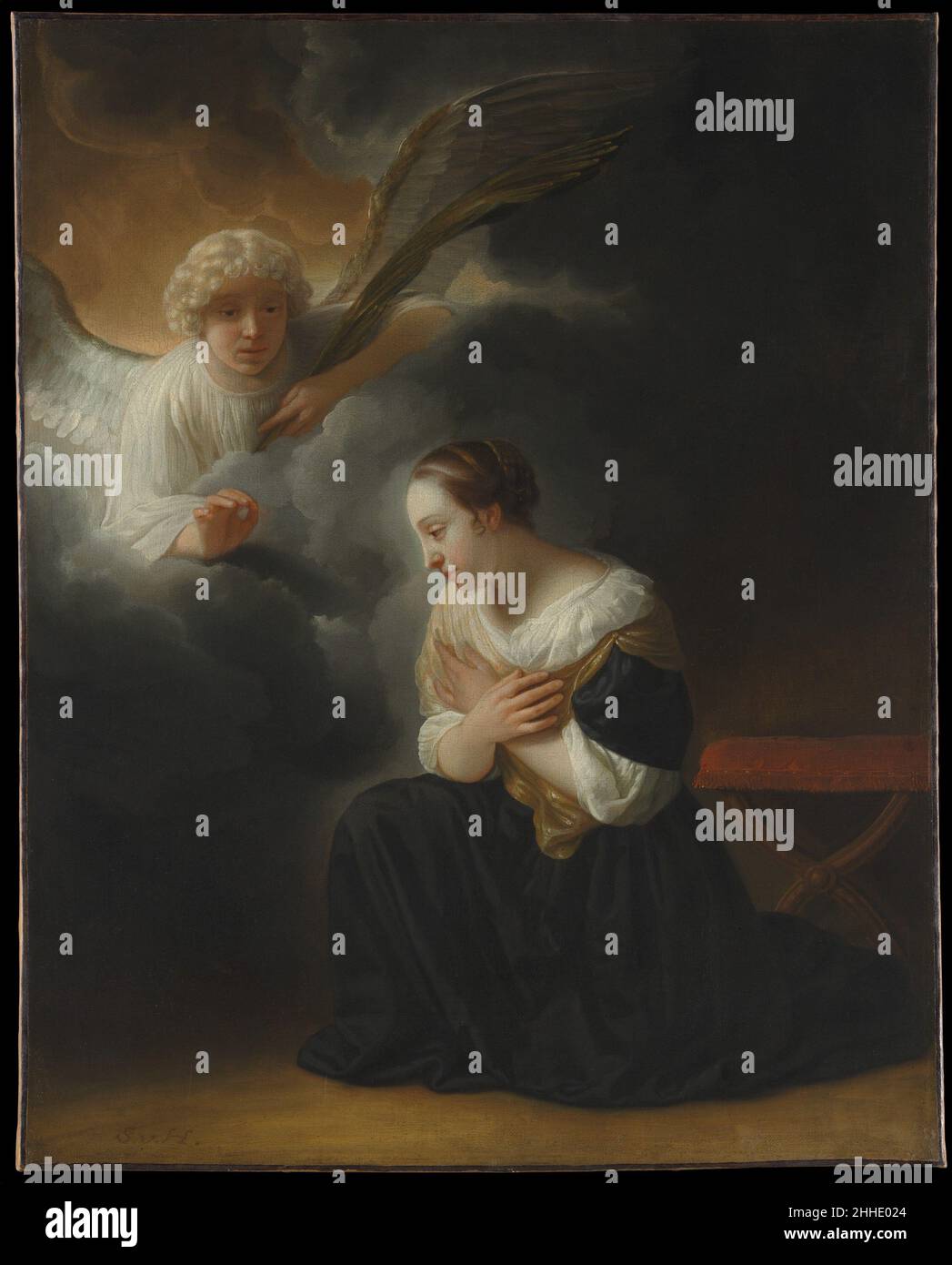 L'Annonciation de la mort de la Vierge ca.1670 Samuel van Hoogstraten Dutch ce tableau dépeint un sujet inhabituel, la visite d'un ange à la Vierge Marie pour annoncer sa mort imminente.La mise en lumière de la Vierge objet de vénération, la peinture était destinée aux dévotions privées d'un mécène catholique.Van Hoogstraten était protestant, mais il partageait avec beaucoup d'autres artistes de l'époque une volonté de franchir les frontières religieuses à la poursuite d'une large clientèle.L'Annonciation de la mort de la Vierge 436680 Banque D'Images