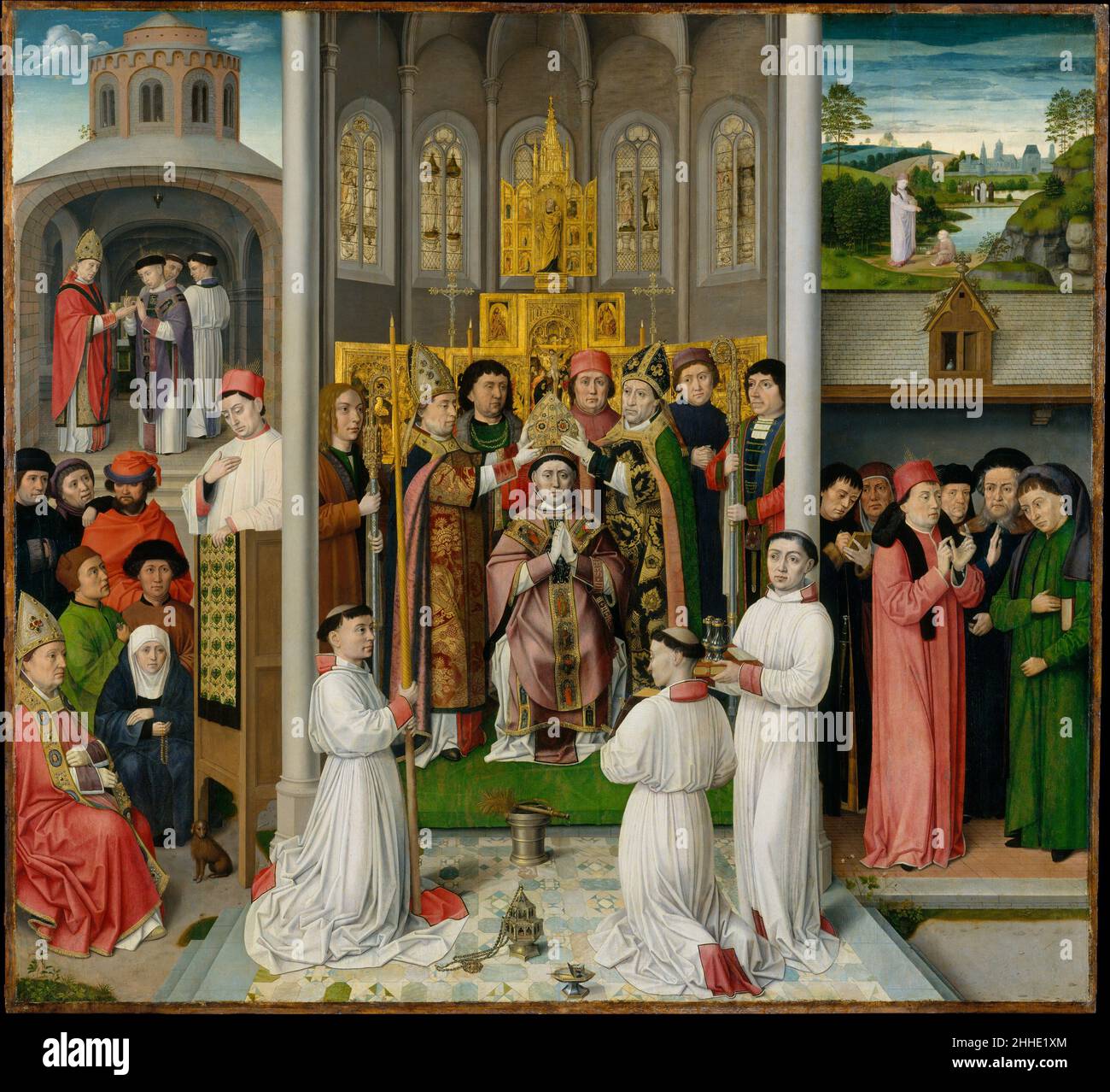 Scènes de la vie de Saint Augustine de Hippo ca.1490 Maître de Saint Augustine Netherlandish ce tableau était le panneau central d'un triptyque dédié à Saint Augustine (354–430), théologien chrétien si célébré qu'il est parfois appelé docteur de l'Église.La composition est divisée en cinq scènes: Au centre, Saint Augustin est consacré évêque d'Hippo Regius, une ville romaine en Algérie d'aujourd'hui; en haut à gauche, Saint Augustin est ordonné prêtre;En bas à gauche, Saint Augustine prêche tandis que sa mère, Monica, dit anachronytiquement le rosaire, une prière Banque D'Images
