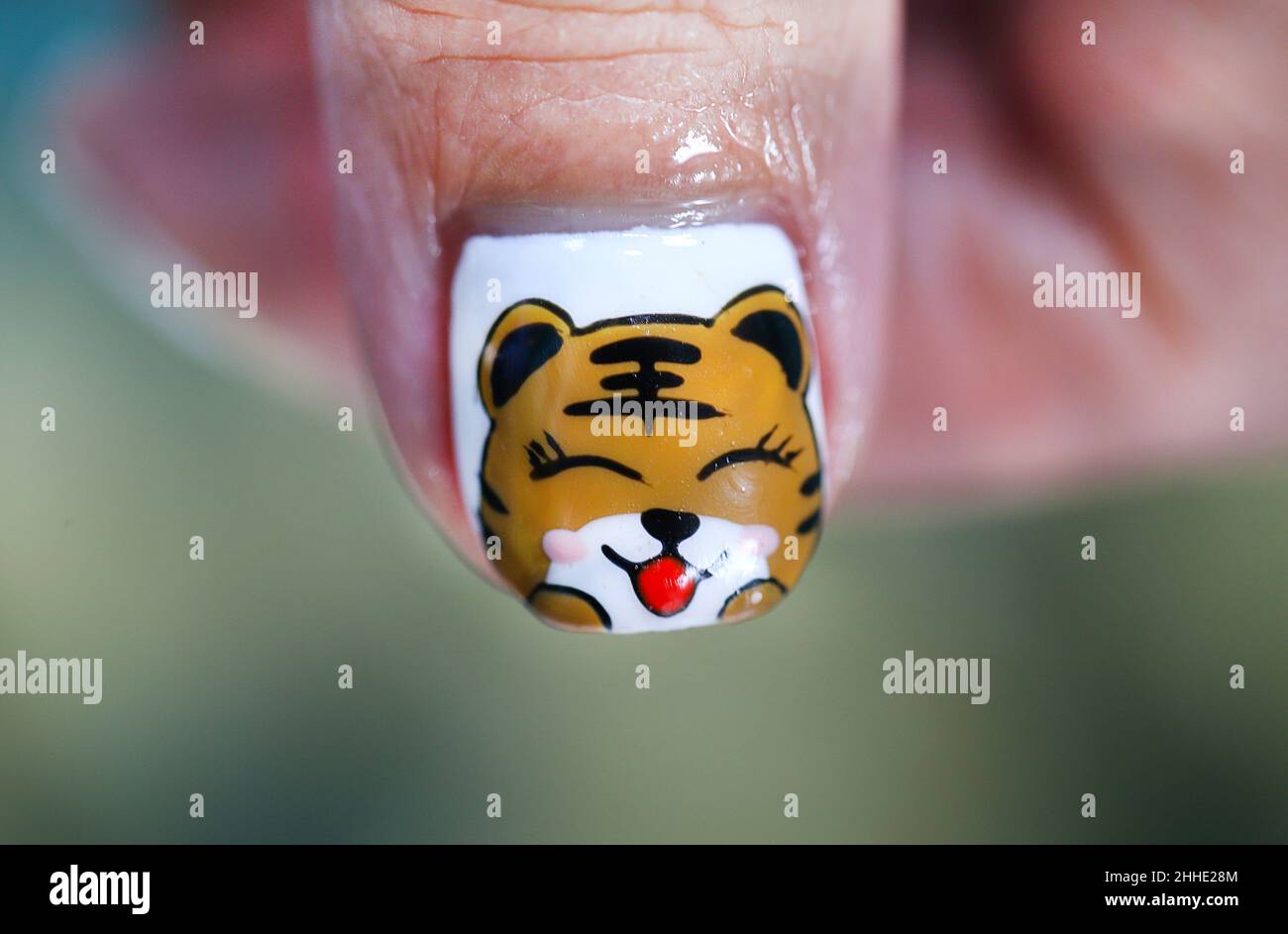 LIANYUNGANG, CHINE - le 24 JANVIER 2022 - Une fille montre son art de l'ongle de tigre de zodiaque au studio d'art de taowo Nail dans le quartier de Lianyungang City, est Banque D'Images