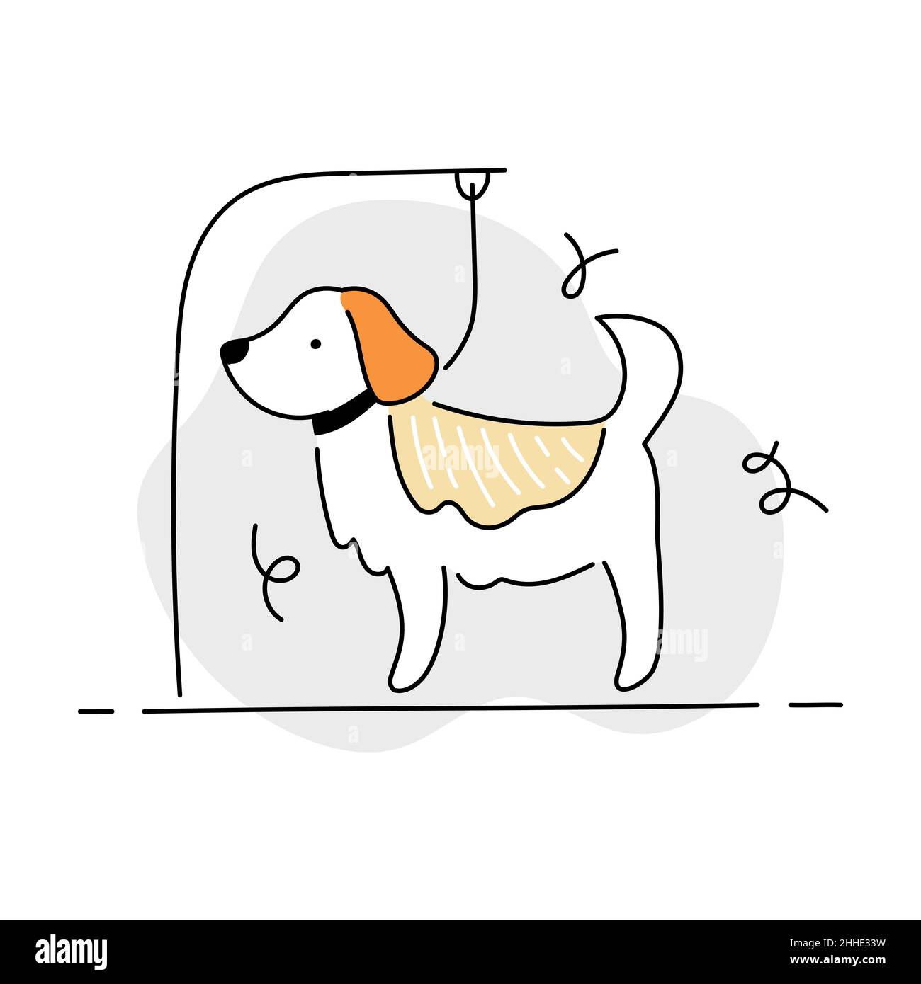 Chien sur table de toilettage.Design emblématique du salon de toilettage pour animaux.Illustration vectorielle de style de ligne Doodle. Illustration de Vecteur