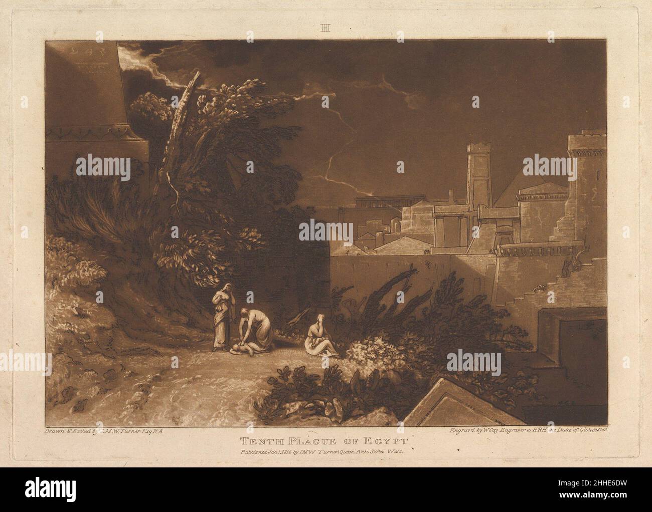 La dixième peste d'Égypte (Liber Studiorum, partie XII, planche 61) le 1 janvier 1816 conçu et gravé par Joseph Mallord William Turner British Turner distillé ses idées sur le paysage dans 'Liber Studiorum' (latin pour le livre des études), une série de soixante-dix imprimés plus une frontispice publiée entre 1807 et 1819.Pour établir les compositions, il a fait des dessins d'aquarelle marron, puis gravé des contours sur des plaques de cuivre.Les graveurs professionnels ont généralement développé le ton sous la direction de Turner, et dire ici a ajouté mezzotint pour détailler un sujet d'Exode 11, où le premier né des Egyptiens Banque D'Images