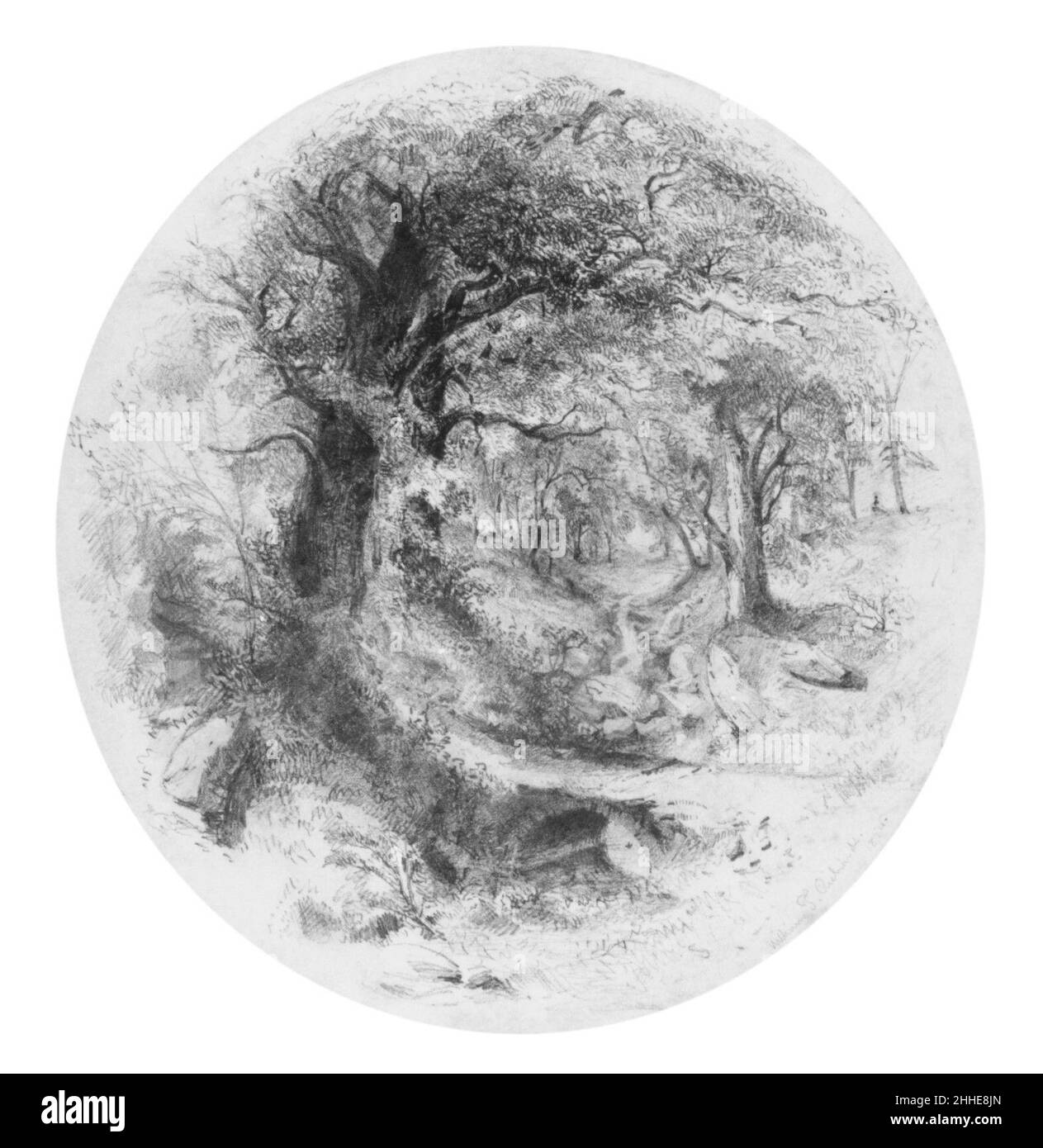 Interior of Woods with Small Stream (from Cropsey Album) 1854 William Trost Richards American cette charmante étude de composition a probablement été conçue comme une illustration pour une publication, jamais réalisée, de l'œuvre des poètes américains, y compris Longfellow, Whittier et PoE.Malgré l’intimité et la redolence littéraire de cette scène, elle manque du feuillage détaillé qui caractériserait les œuvres ultérieures de Richards de ce genre, comme « le printemps » (1993,527).En effet, son caractère trahit l'influence germanique du peintre immigré Paul Weber, avec lequel Richards a étudié quelques années plus tôt dans son Banque D'Images