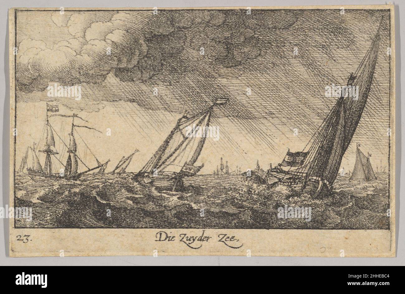 Zuyder Zee 1635 Venceslaus Holar Bohemian Storm dans le Zee Zuyder; barge couverte avec la voile principale et la prévoile en bord de mer, à côté de la barge qui se hante dans le vent; navire à trois mâts à gauche, tour distante sur la rive.Zuyder Zee 360858 Banque D'Images