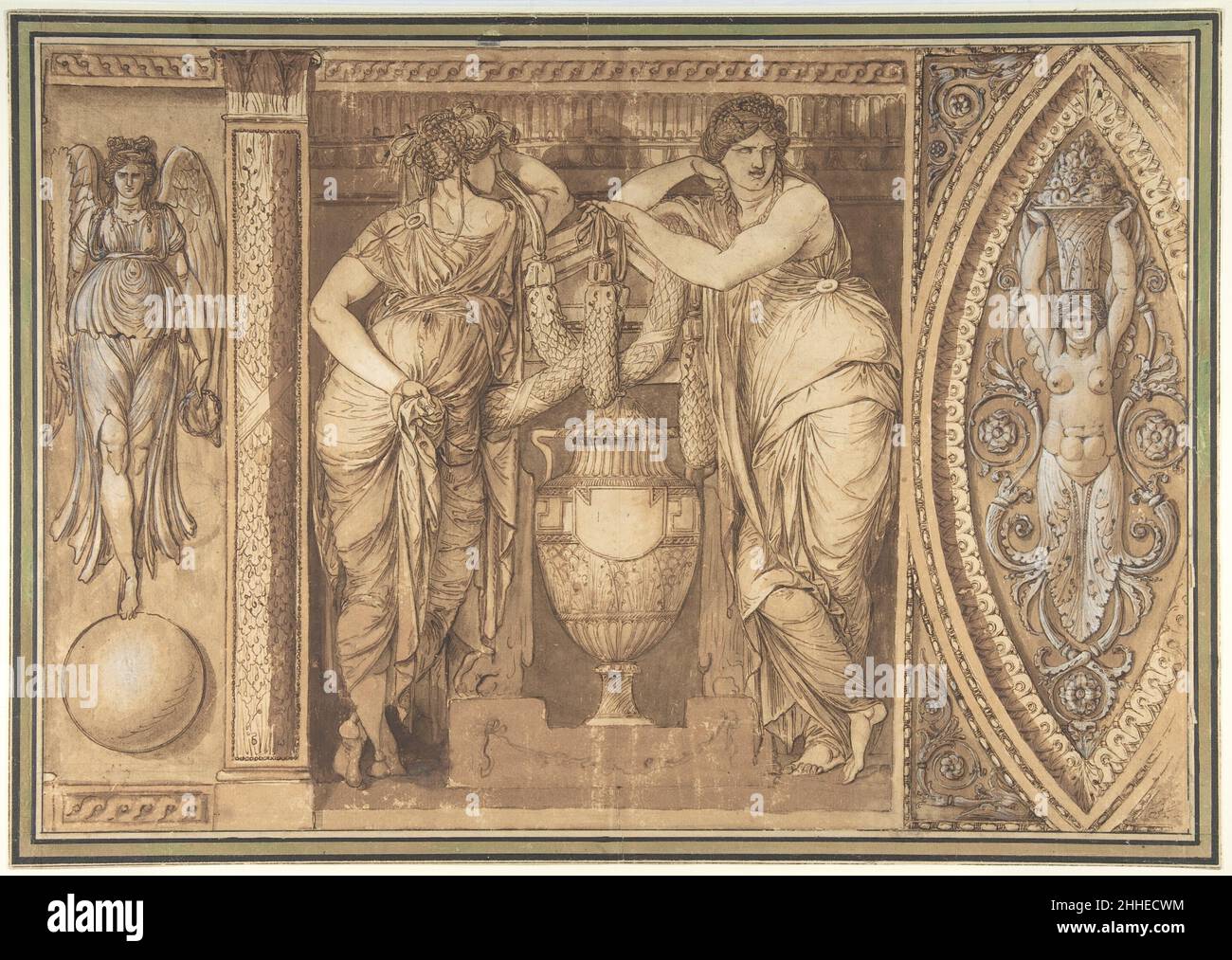 Design pour un Frieze avec deux femmes flanquant une Urn ca.1775–85 attribué à Giuseppe Cades Italien les caractéristiques hautement sculpturales de ce dessin sont caractéristiques de certains des dessins de l'artiste Giuseppe Cades.Actif en tant que peintre et sculpteur en Italie pendant la seconde moitié du 18th siècle, ses dessins canallent à la fois l'influence des périodes Antique et Renaissance.Bien que cette conception particulière pour une frise ait une qualité très monumentale à elle, son but prévu est inconnu.Le fait que Cades introduit deux variantes pour la décoration des panneaux latéraux indique que Banque D'Images