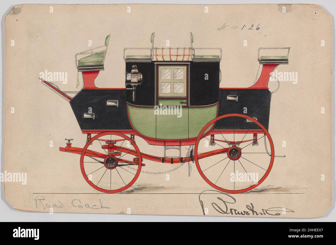 Design pour Road Coach, non4126 1891 Brewster & Co. American Brewster & Company Historised in 1810 by James Brewster (1788–1866) in New Haven, Connecticut, Brewster & Company, spécialisée dans la fabrication de chariots fins.Le fondateur a ouvert une salle d'exposition à New York en 1827 au 53-54 Broad Street, et l'entreprise a prospéré sous des générations de leadership familial.L'expansion a nécessité des déplacements dans le bas de Manhattan, avec des changements de nom reflétant des changements de direction – James Brewster & Sons exploité au 25 Canal Street, James Brewster Sons au 396 Broadway, et Brewster de Broome Street était la base Banque D'Images