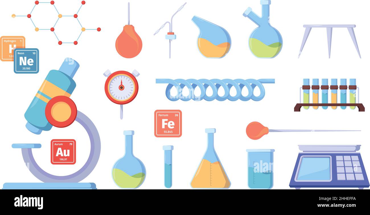 Équipement scientifique.Matériel de laboratoire chimique exploration médicale articles de lieu de travail garish Vector Flat Pictures collection Illustration de Vecteur