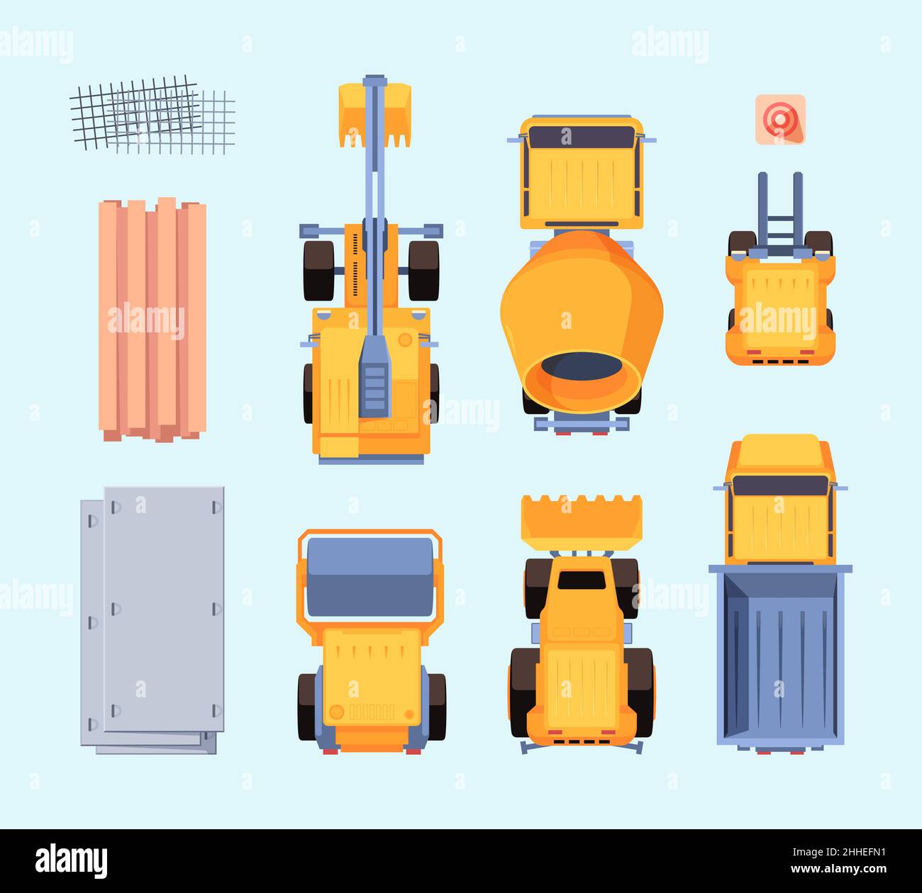 Vue de dessus des véhicules de construction.Voitures jaunes de production pour les constructeurs ouvriers d'entretien de transport pelle hydraulique gros camions machines lourdes garish vecteur Illustration de Vecteur