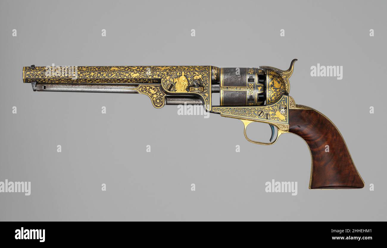 Colt Navy Revolver, modèle 1851, incrusté d'or (n° de série20133), avec étui et accessoires env.1853 Samuel Colt ce revolver modèle 1851 de la marine appartient à un groupe raréfié d'armes à percussion Colt décorées avec une gravure profuse, une sculpture de relief, et une incrustation d'or à chasse ou à faible relief, dont une vingtaine d'exemples sont connus pour survivre.Réalisés à la direction de Samuel Colt (1814-1862) pour l'exposition aux foires internationales et pour la présentation à d'importants fonctionnaires et chefs d'État étrangers et nationaux, y compris les rois de Suède et du Danemark et le tsar de Russie, ils ont servi de GIF diplomatique Banque D'Images