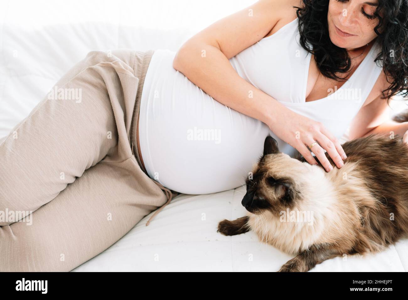 Jeune femme enceinte souriante, couchée sur le lit, qui lui a fait tomber son chat. Concept grossesse et animaux domestiques Banque D'Images