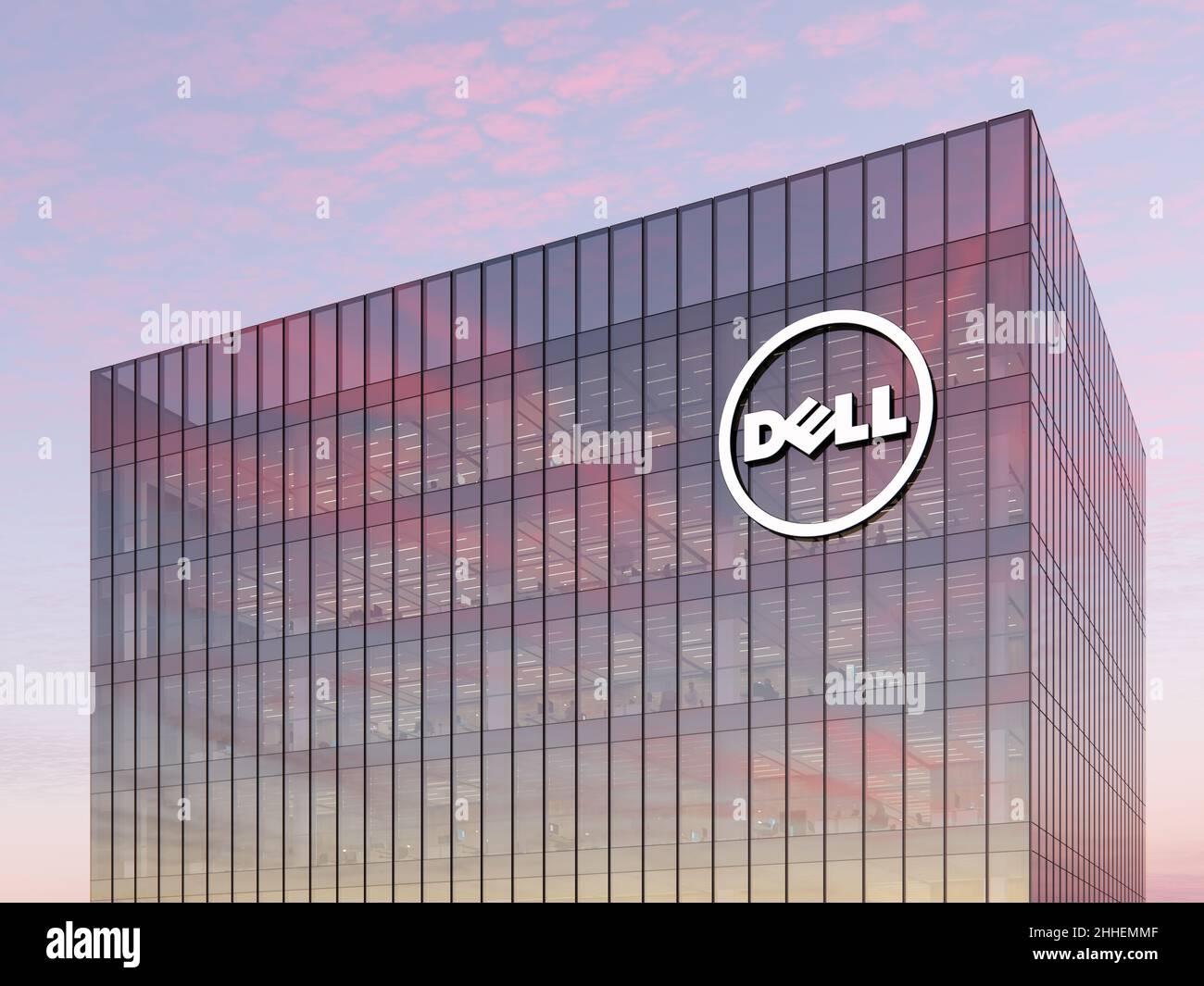 Round Rock, TX, États-Unis.7 janvier 2022.Usage éditorial seulement, 3D CGI.Logo Dell Corporation sur le dessus du bâtiment en verre.Technicien du lieu de travail Banque D'Images