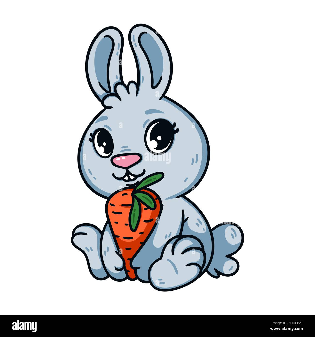 Mignon petit lapin de pâques avec carotte.Lapin le symbole du nouvel an chinois 2023.Lièvre avec de grands yeux et légumes.Illustration du vecteur animal de ferme Illustration de Vecteur