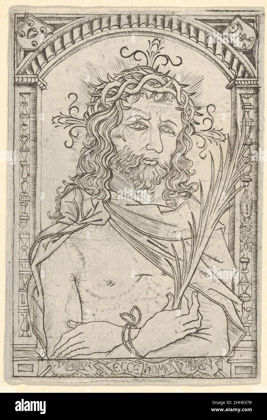 Christ comme l'homme des sorrows mis dans un cadre orné ca.1500–1520 attribué à Nicoletto da Modène italien écrit sur le tapis sur lequel il est venu à la MMA: 'Flamand.École d'Israël van Meckenem.Basé sur - et similaire à - Homme de Sorrows de Meckenem.Très rare et fin.Env.1500'.Christ comme l'homme des sorrows mis dans un cadre orné 400828 Banque D'Images