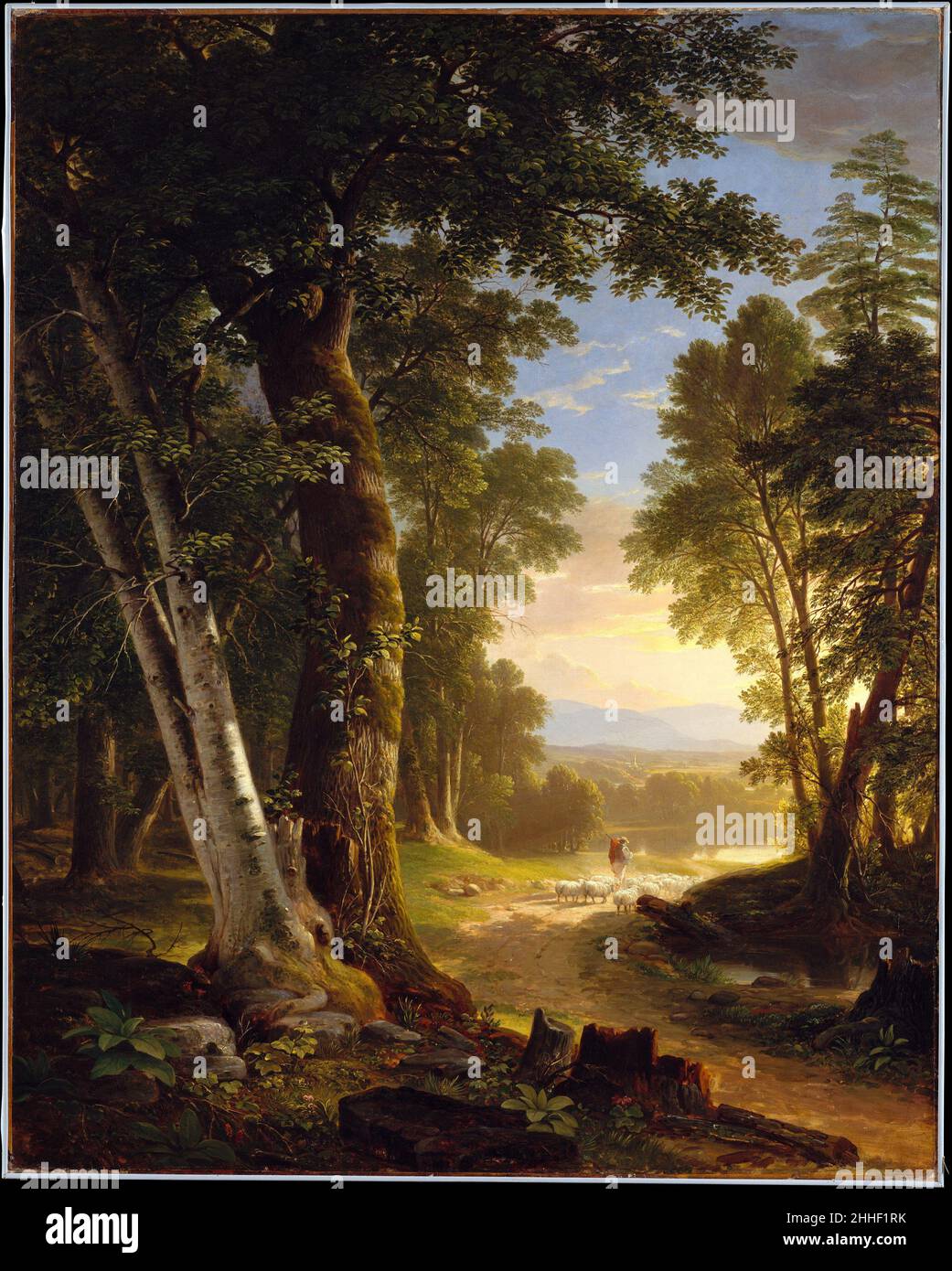 Les Beeches 1845 Asher Brown Durand American cette œuvre, avec des hêtre et des tillons méticuleusement rendus, a été peinte pour le collectionneur de New York Abraham M. Cozzens, alors membre du comité exécutif de l'American Art-Union.La peinture illustre une nouvelle tendance dans le travail de l'école de la rivière Hudson, avec son accent réduit sur le sublime drame et l'intérêt accru pour le naturalisme et la création d'une ambiance tranquille.Durand a été influencé par l'œuvre du peintre paysagiste anglais John Constable, dont les formats verticaux et la vérité à la nature il a absorbé lors de sa visite en Anglais Banque D'Images