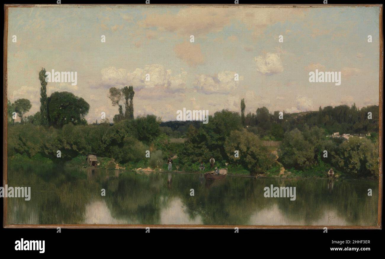 Sur la Seine 1869 Martín Rico y Ortega Espagnol en 1862, ayant reçu un prix de l'Académie royale des Beaux-Arts de Madrid, Rico s'est rendu à Paris pour développer son talent pour la peinture de paysage, choisissant finalement d'étudier avec Charles-François Daubigny.Ce point de vue, qu'il a peint le long de la Seine à Poissy en 1869, adopte l'un des types d'image les plus caractéristiques de Daubigny : une vue de rivière parfaitement horizontale.Pourtant, les brushwork fluides et le réalisme précis de Rico reflètent une conscience de la photographie contemporaine qui est entièrement la sienne.Dans son autobiographie, Rico a écrit que «le délicat col Banque D'Images