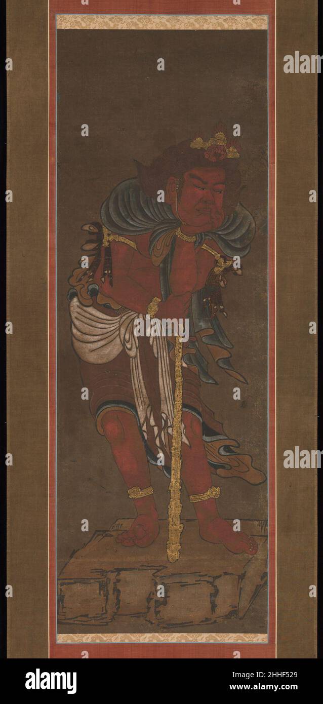 Fudō Myōō et deux Attendants après Ryūshū Shūtaku (Myōtaku) le Fudō Myōō japonais, littéralement « le roi de la sagesse immobile », est un redoutable protecteur des enseignements bouddhistes.À l'origine une déité importante du bouddhisme ésotérique japonais (Mikkyō), il fut également vénéré dans les temples Zen.Ce triptyque d'images (1975.268.26–.28), peint à la main mais avec des contours imprimés, a été créé comme l'un des projets de publication promus par les temples zen médiévaux pour diffuser les enseignements et l'iconographie bouddhistes.Ce triptyque imprimé semble avoir été basé sur une peinture de Fudō et de ses préposés exécutés par le Zen noté Banque D'Images