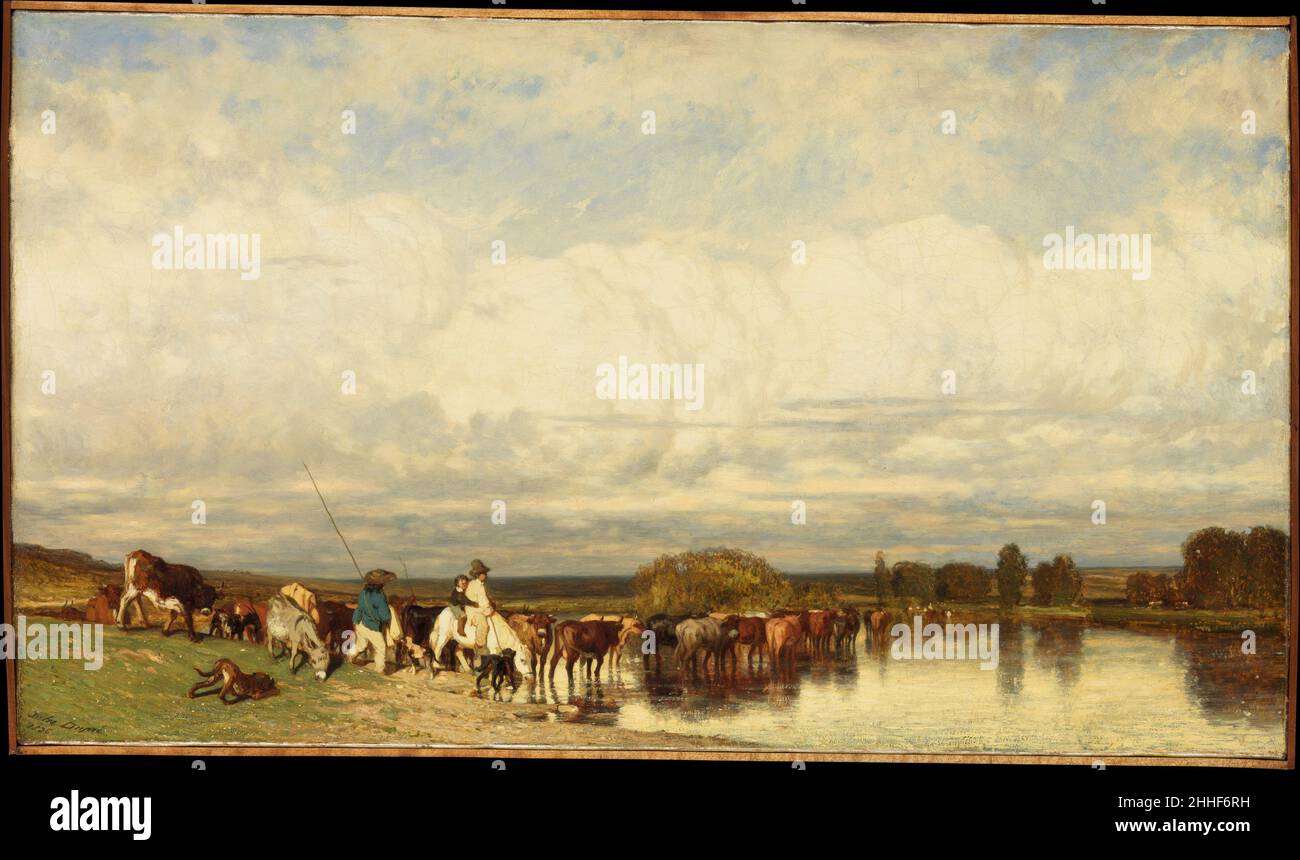 Vaches traversant une Ford 1836 Jules Dupré français le ciel bas et largement peint dans cette photo témoignent de l’intérêt de Dupré pour l’art anglais récent, en particulier les paysages de John Constable et du regretté Richard Parkes Bonington.Cette œuvre correspond à la description d'une « composition immense et vraie » récemment peinte « sur place » dans la région Limousin du centre de la France, qu'un critique admirait à la galerie parisienne SUSE Frères à l'été 1836.Son premier propriétaire est Paul Périer (1812-1897), un ancien partisan de Dupré ainsi que ses collègues Théodore Rousseau et Alexandre-Gabriel Banque D'Images