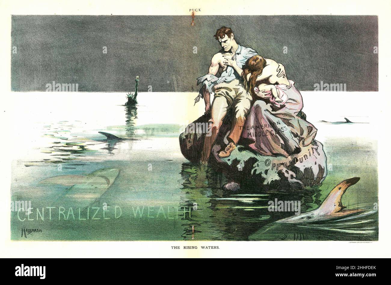 Carl Hassmann-les eaux montantes-centralisaient les richesses-la classe moyenne américaine s'est enratée sur un rocher tandis que les requins se cachillaient.La Statue de la liberté se noie. Banque D'Images