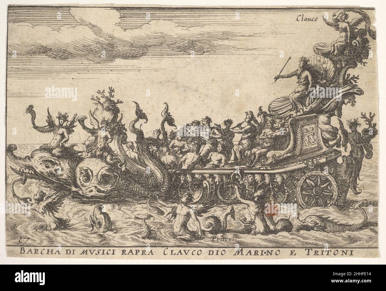Assiette 16: Navire de musiciens avec le dieu de la mer Claucus et tritons (Barcha di musici rapra Clauco dio marino e Tritoni), de la série "le magnifique pageant sur la rivière Arno à Florence pour le mariage du Grand Duc"(Le magnifique carrousel fait sur la fleur de l'Arne a Florence, pour le mariage du Grand Duc), pour la célébration du mariage de Cosimo de' Medici à Florence, 1608 1664 Anonyme.Assiette 16: Navire de musiciens avec le dieu de la mer Claucus et des tritons (Barcha di musici rapra Clauco dio marino e Tritoni), de la série "le magnifique pageant sur la rivière Arno à Florence pour t Banque D'Images