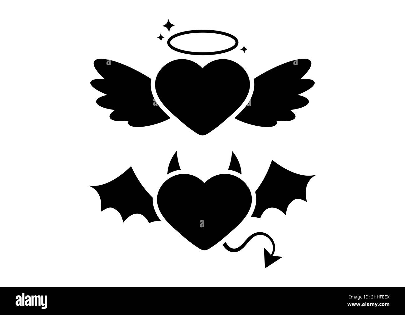 Ensemble d'icônes noires d'ange et de diable ou de démon sur fond blanc. Illustration de Vecteur