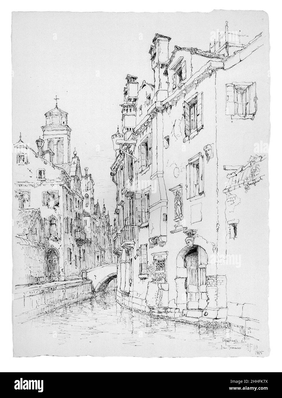 Ogni Santi e San Trovaso, Venise 1885 Andrew Fisher Bunner.Ogni Santi e San Trovaso, Venise.Andrew Fisher Bunner (1841-1897).Américain.1885. Traces d'encre noire et de graphite sur papier vélin blanc cassé Banque D'Images